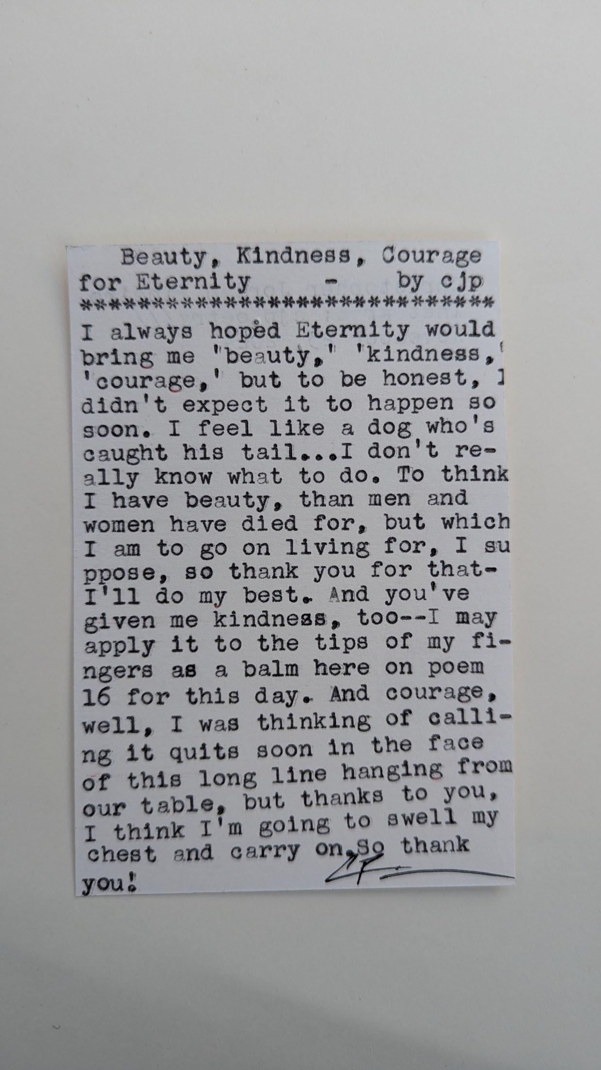 Original typewritten poem Beauty, Kindness, Courage for Eternity by Chris the Poet