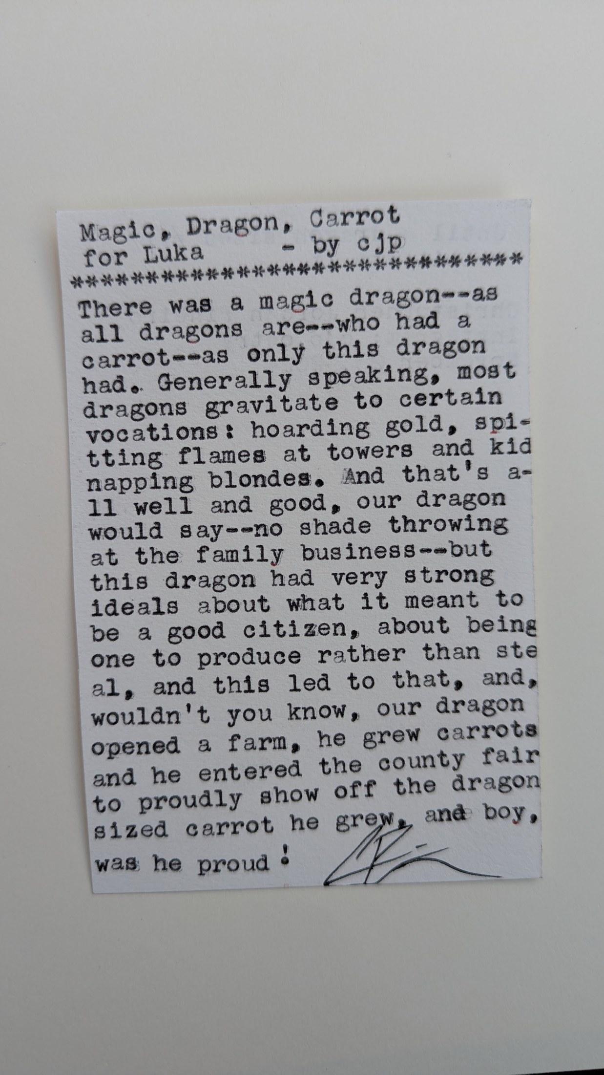 Original typewritten poem Magic, Dragon, Carrot for Luka by Chris the Poet