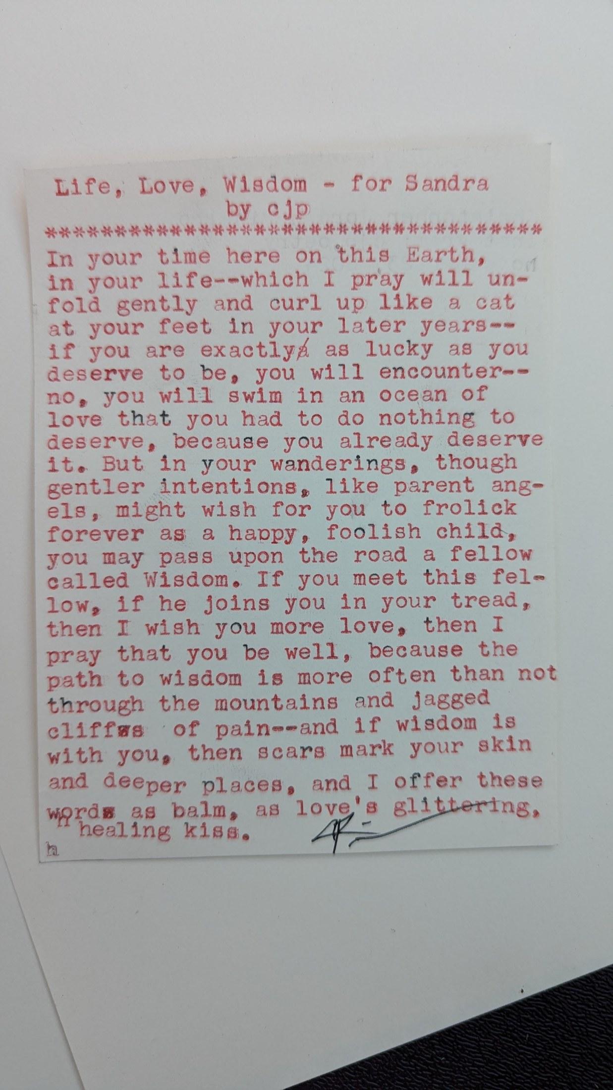 Original typewritten poem Life, Love, Wisdom - for Sandra by Chris the Poet