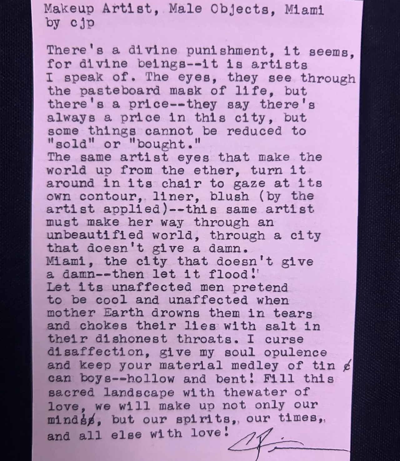 Original typewritten poem Makeup Artist, Male Objects, Miami by Chris the Poet