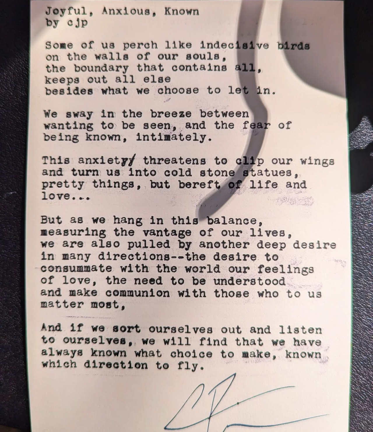 Original typewritten poem Joyful, Anxious, Known by Chris the Poet