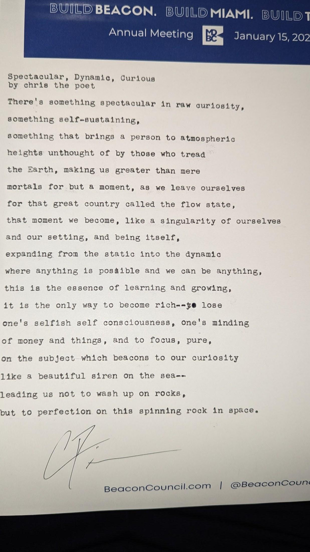 Original typewritten poem Spectacular, Dynamic, Curious by Chris the Poet