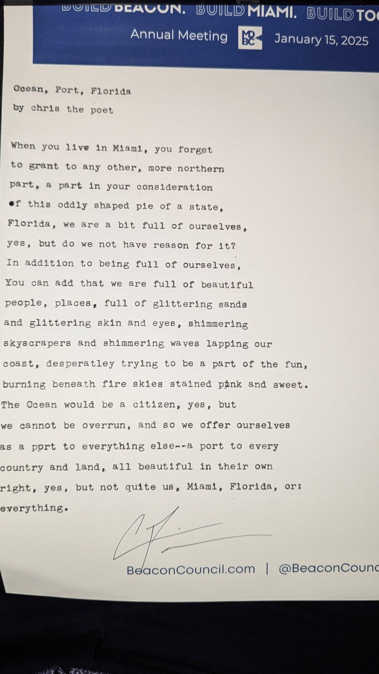 Original typewritten poem Ocean, Port, Florida by Chris the Poet
