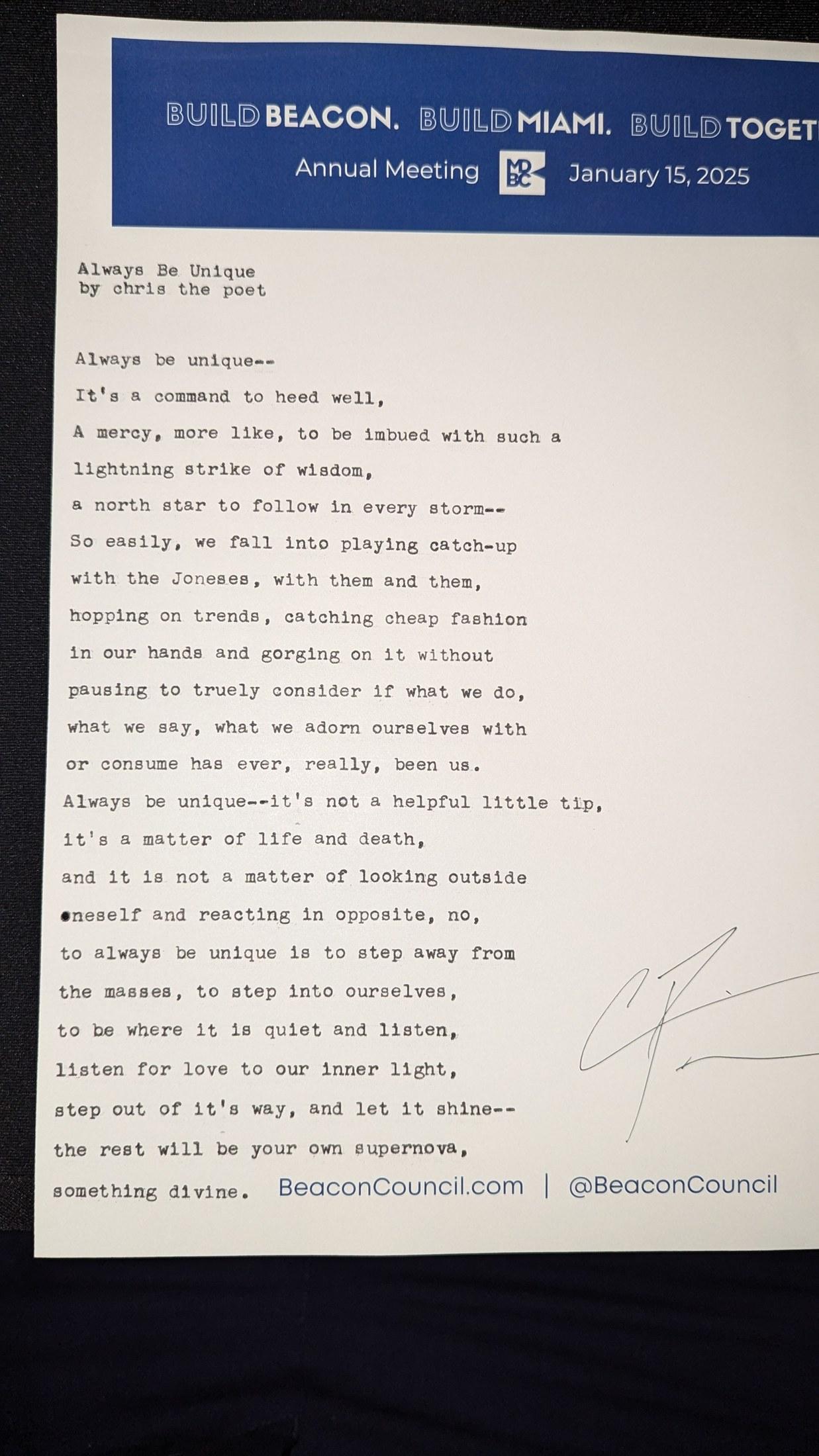 Original typewritten poem Always in Unique by Chris the Poet