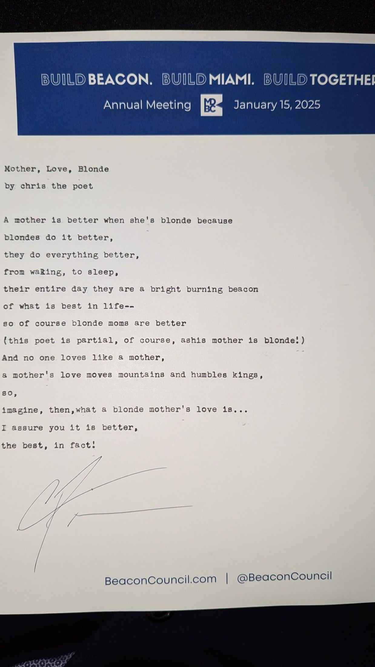 Original typewritten poem Mother, Love, Blonde by Chris the Poet