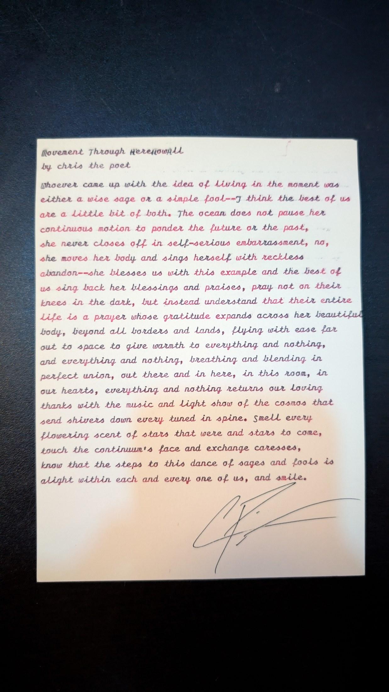 Original typewritten poem Present Though ephemeral by Chris the Poet
