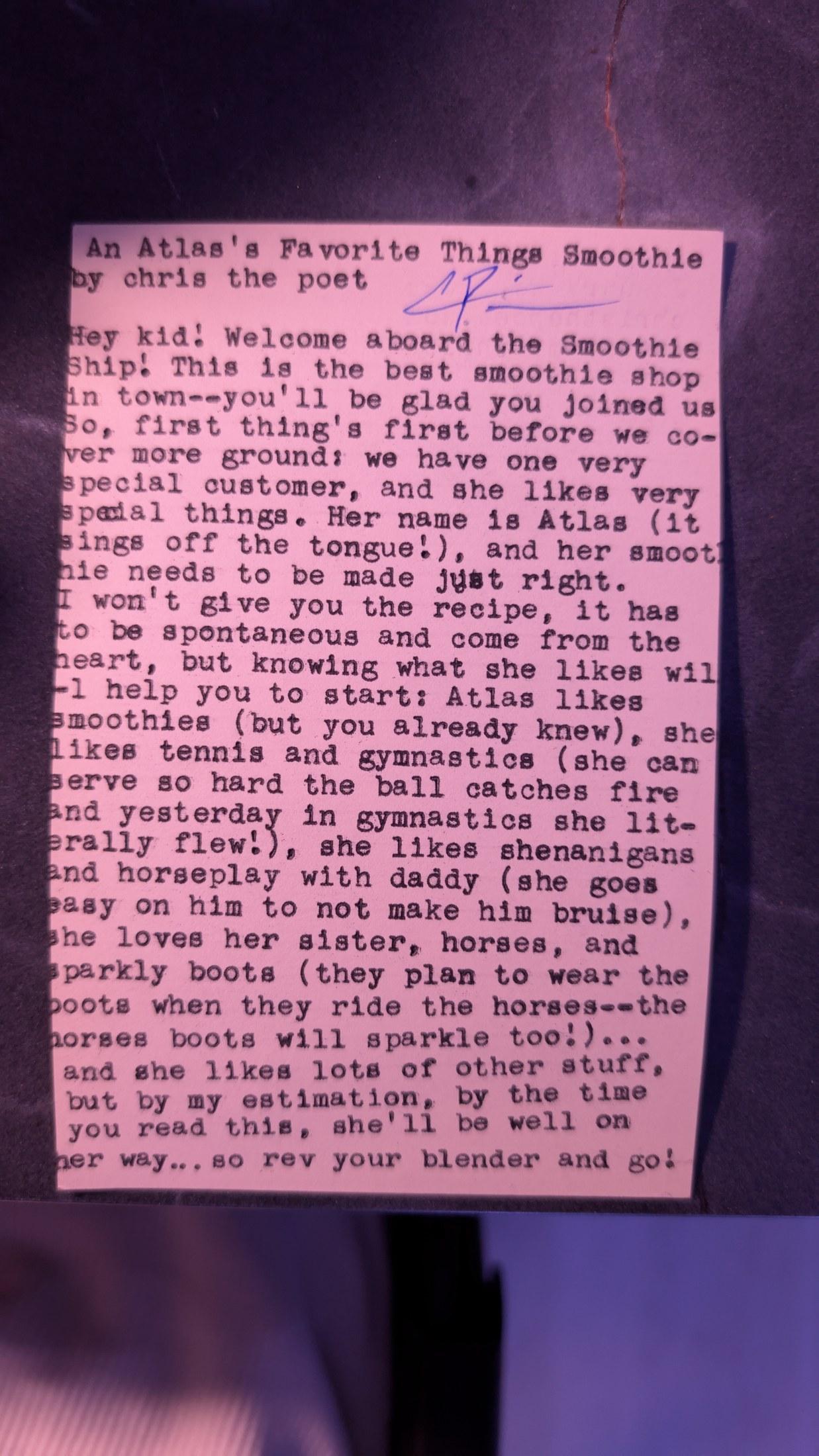 Original typewritten poem An Alia's Favorite Things Smoothie by Chris the Poet