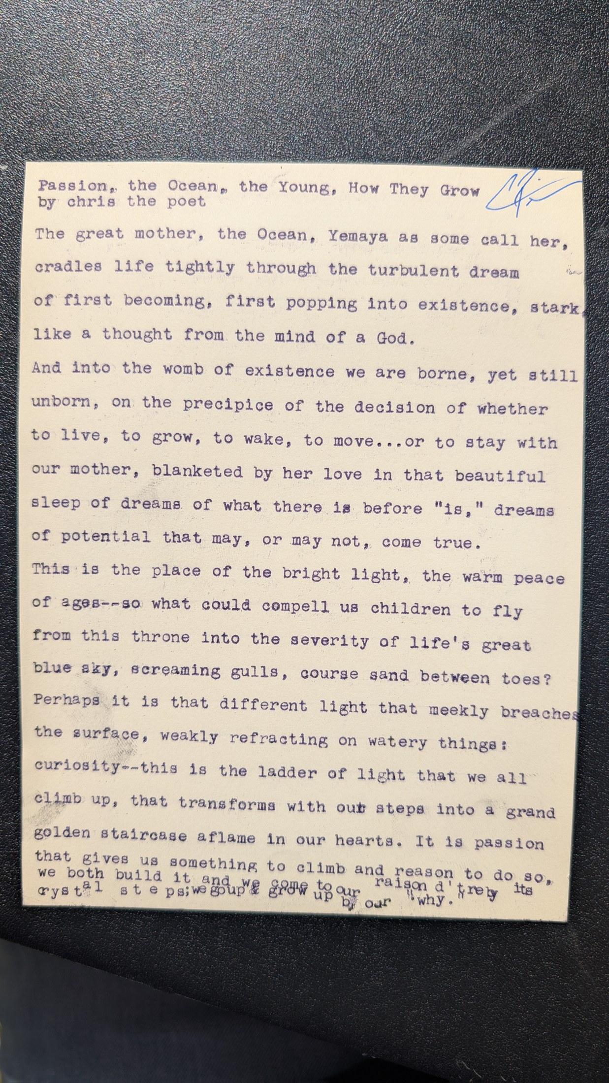 Original typewritten poem Hestia, the Ocean, the Young, How They Grow by Chris the Poet