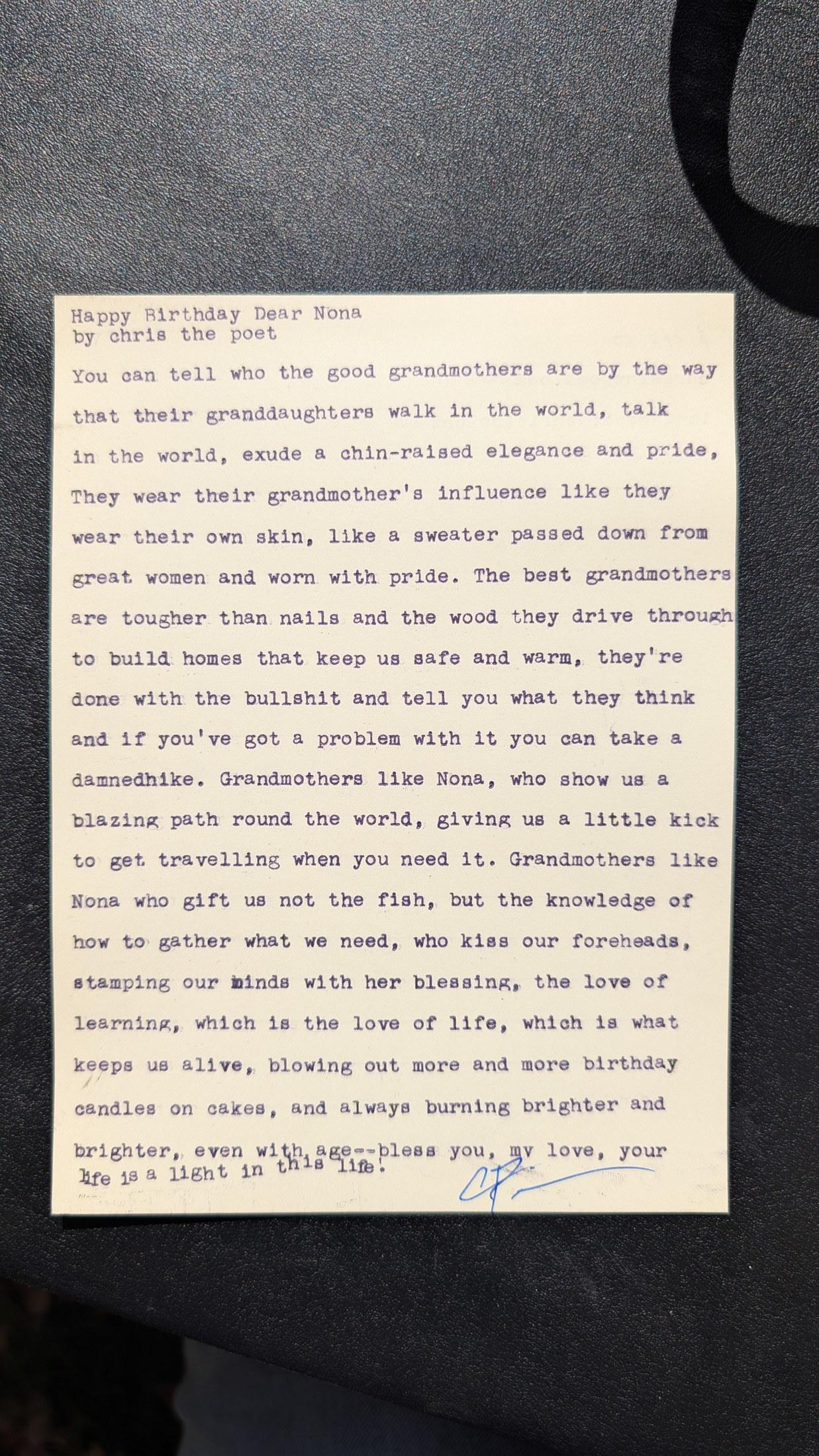 Original typewritten poem Happy Birthday Dear Nona by Chris the Poet
