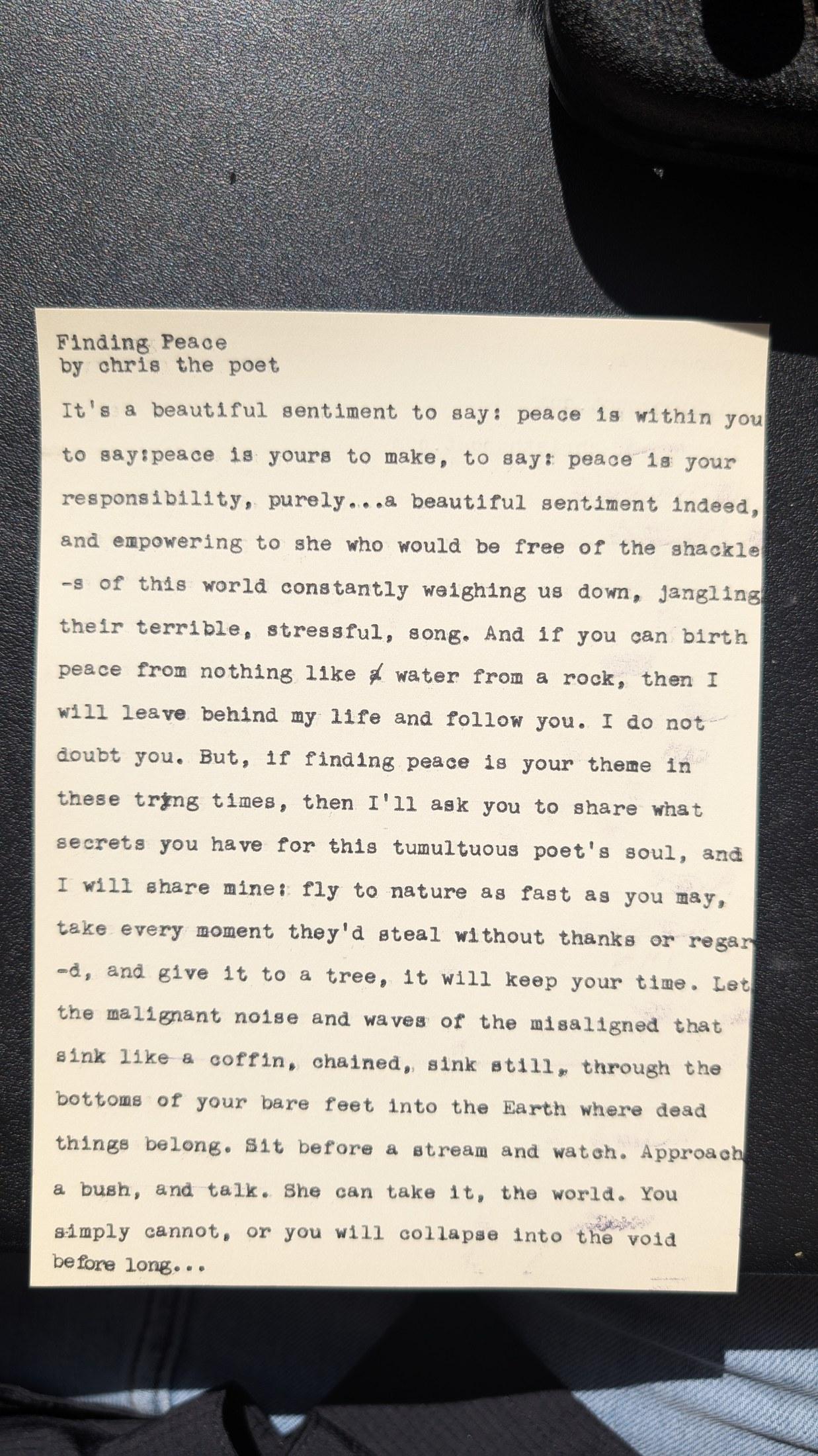Original typewritten poem Finding Peace by Chris the Poet