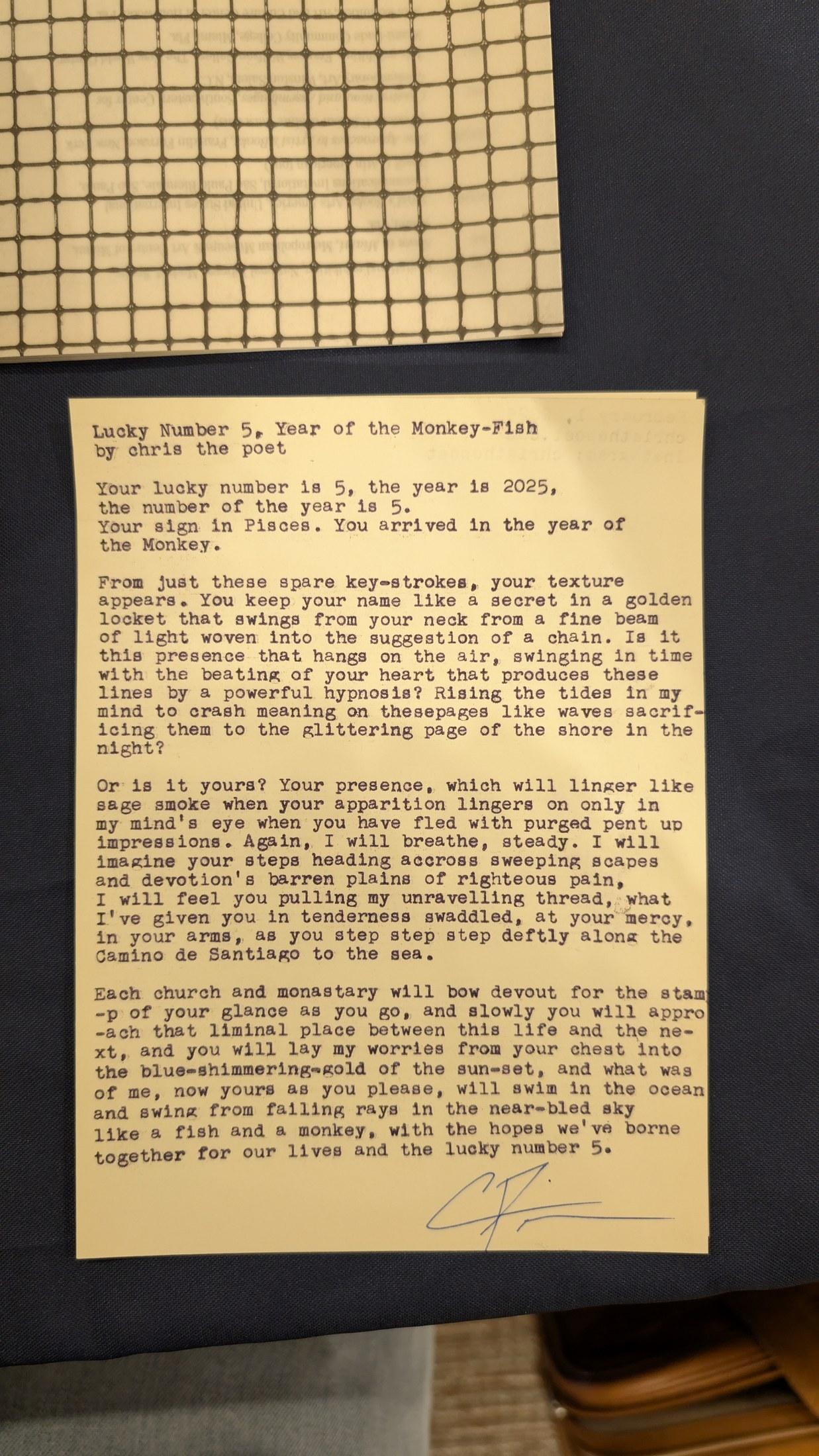 Original typewritten poem Lucky Number 5, Year of the Monkey-Fish by Chris the Poet