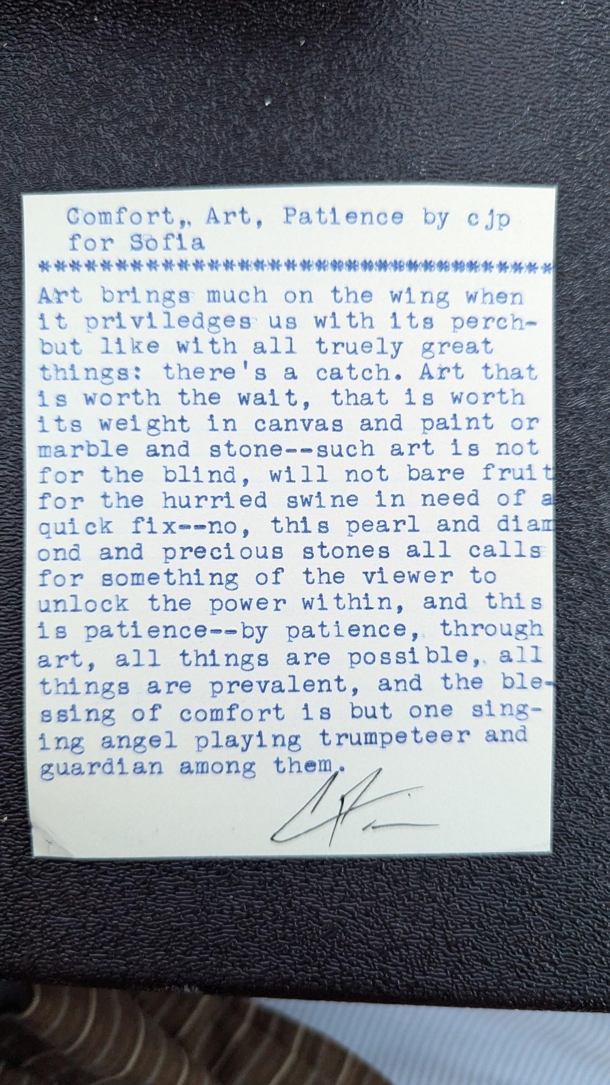 Original typewritten poem Comfort, Art, Patience - for Sofia by Chris the Poet