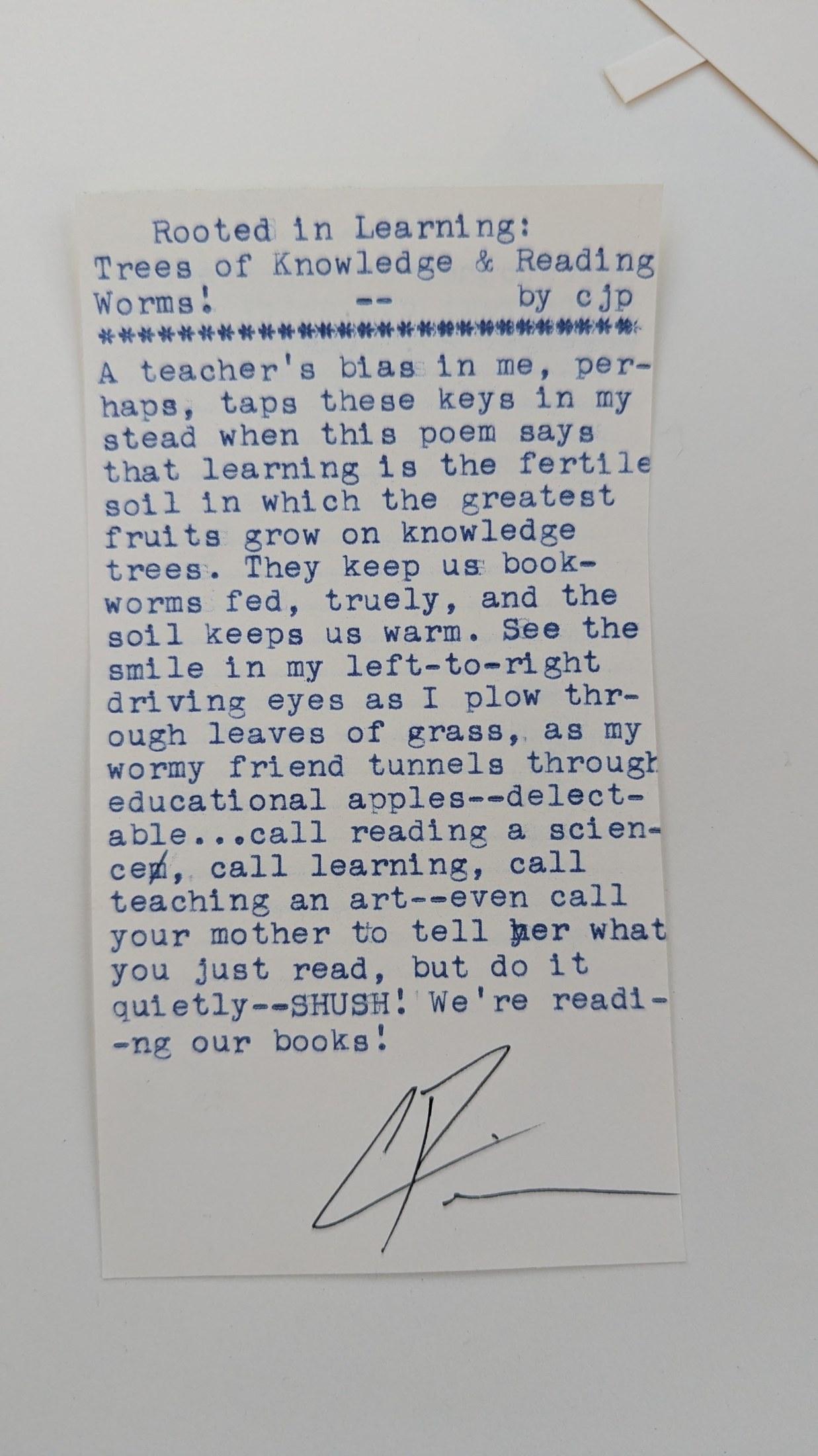 Original typewritten poem Rooted in Learning: Trees of Knowledge & Reading Worms! by Chris the Poet