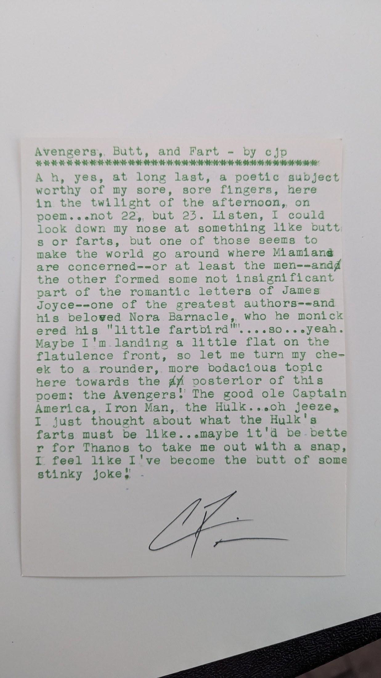 Original typewritten poem Avengers, Butt, and Fart by Chris the Poet