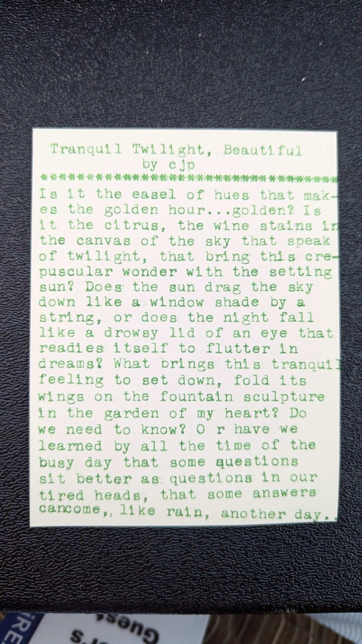 Original typewritten poem Tranquil Twilight, Beautiful by Chris the Poet