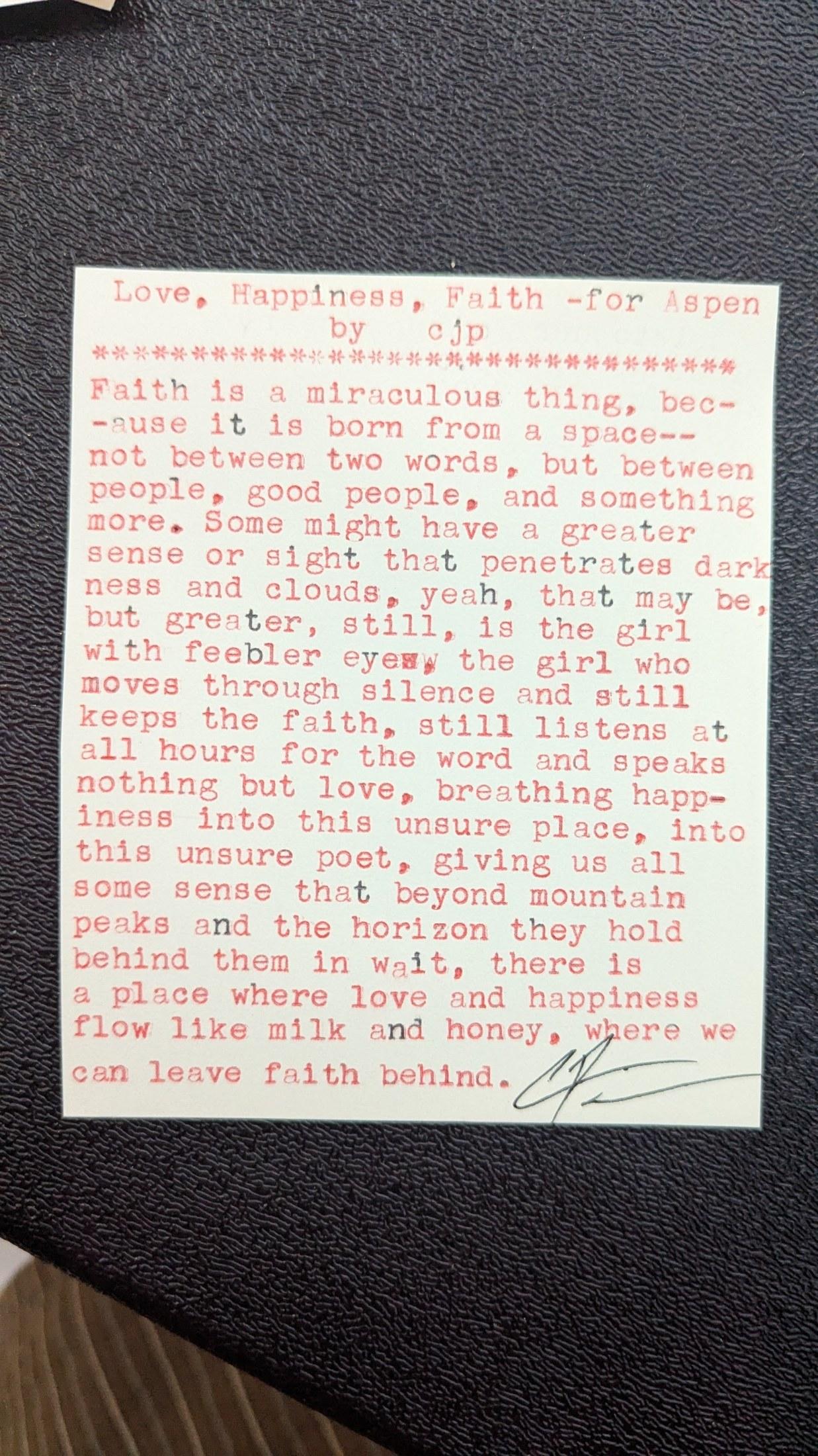 Original typewritten poem Love, Happiness, Faith - for Aspen by Chris the Poet