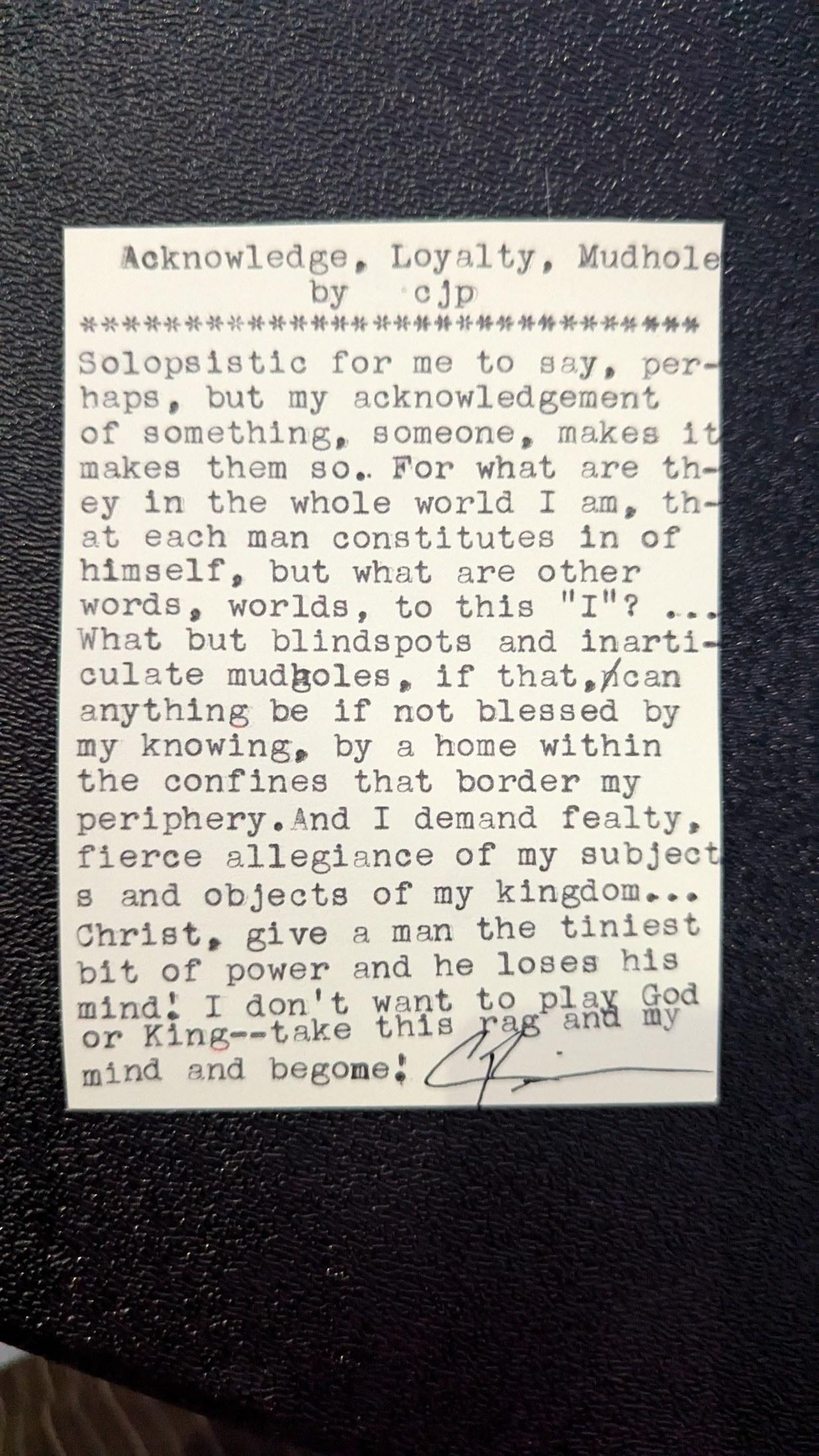 Original typewritten poem Acknowledge, Loyalty, Mudhole by Chris the Poet