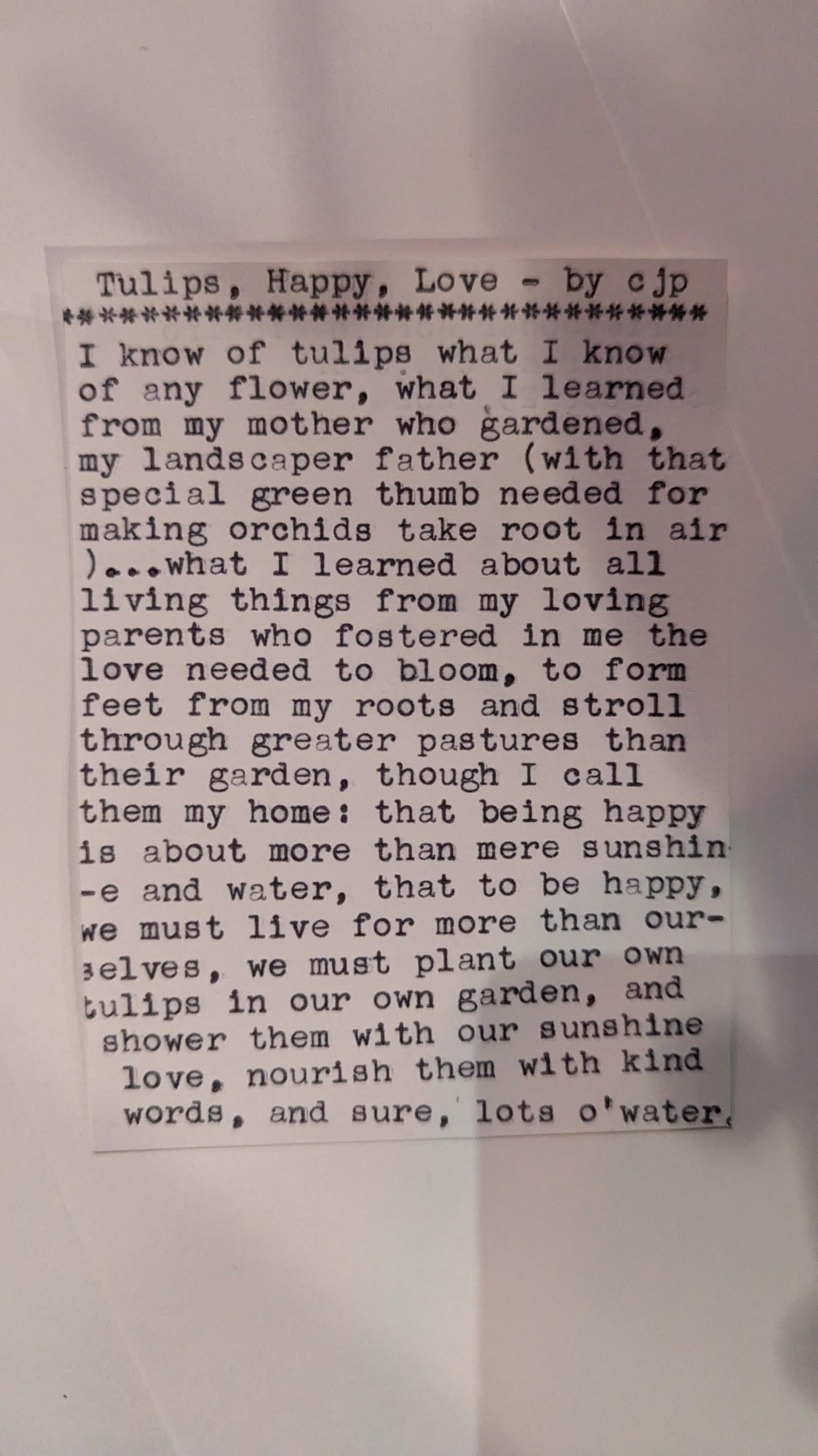 Original typewritten poem Tulips, Happy, Love by Chris the Poet