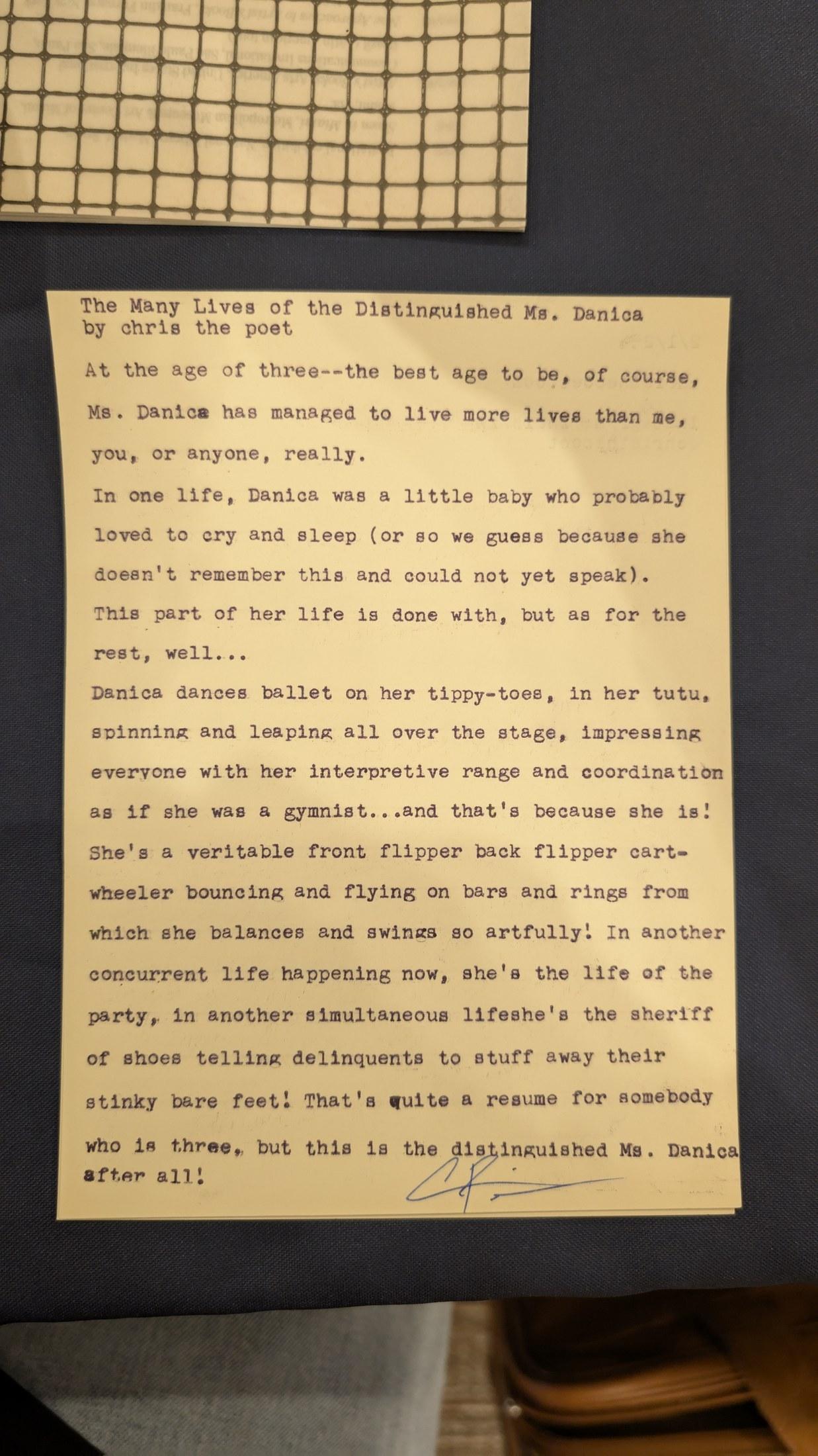 Original typewritten poem The Many Lives of the Distinguished Mr. Damian by Chris the Poet
