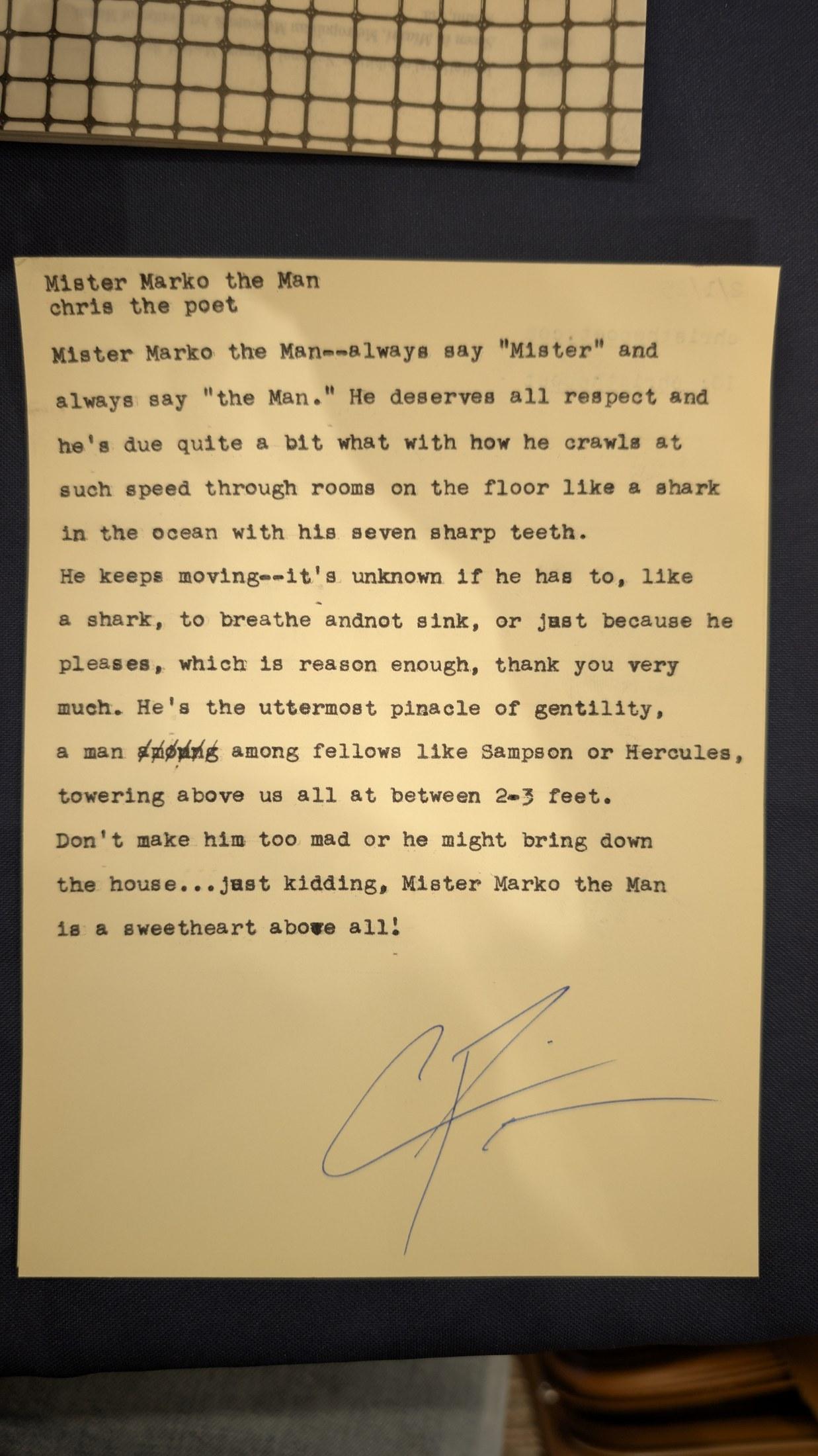 Original typewritten poem Mister Marko the Man by Chris the Poet