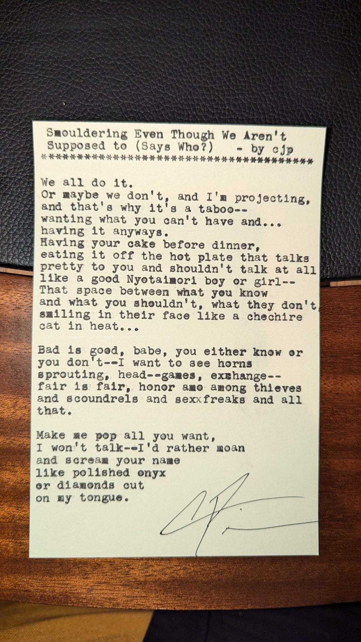 Original typewritten poem Smouldering Even Though We Aren't Supposed to (Says Who?) by Chris the Poet