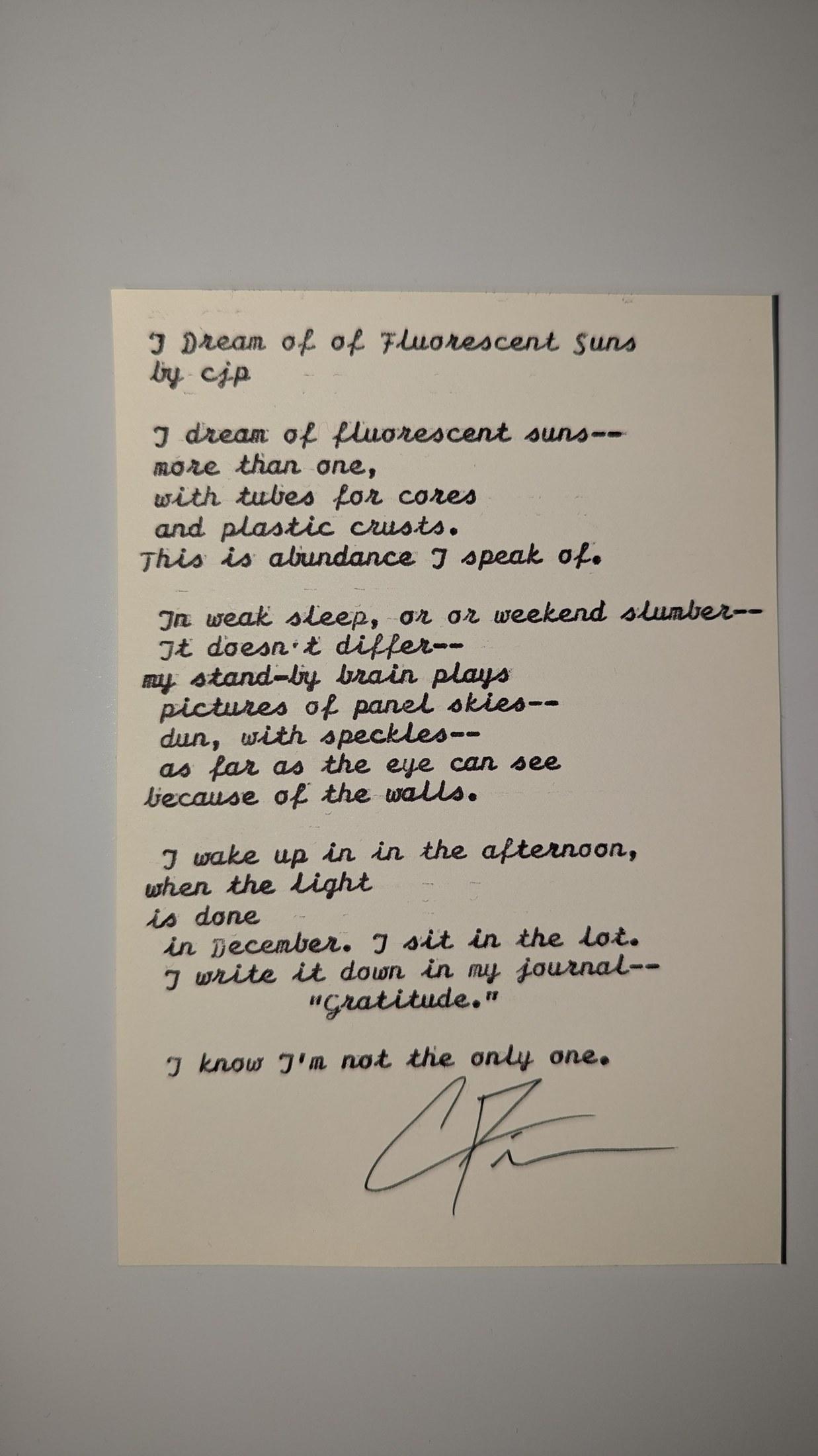 Original typewritten poem I Dream of Fluorescent Suns by Chris the Poet