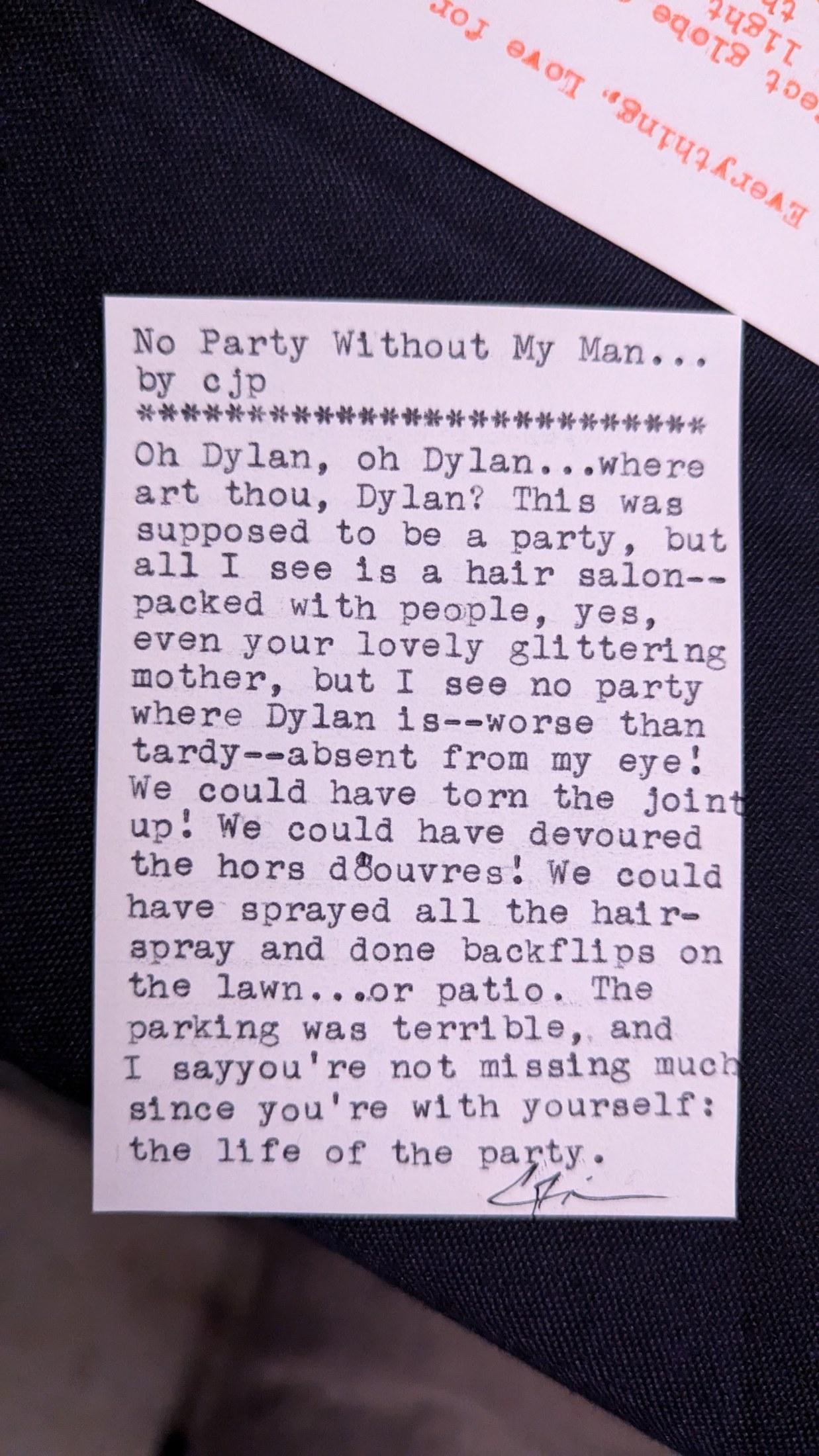 Original typewritten poem No Party Without My Man... by Chris the Poet