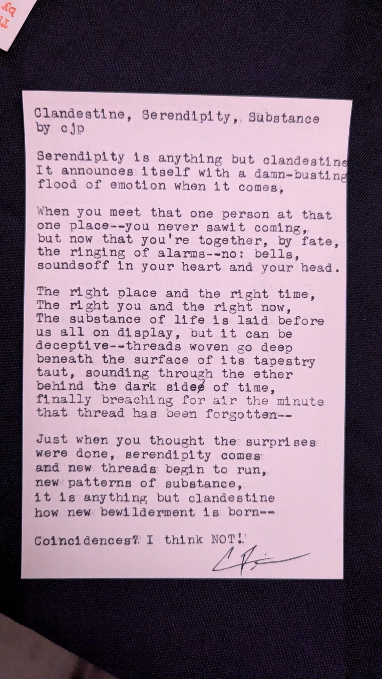 Original typewritten poem Clandestine, Serendipity, Substance by Chris the Poet