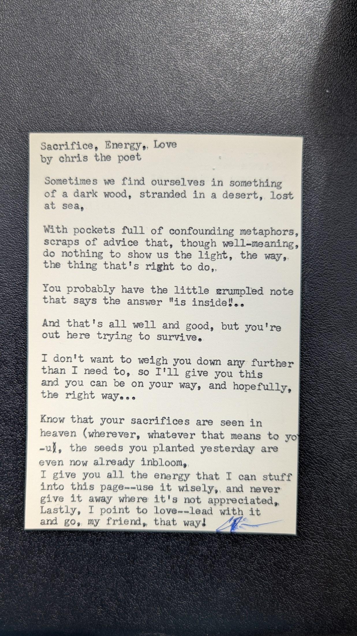 Original typewritten poem Sacrifice, Energy, Love by Chris the Poet