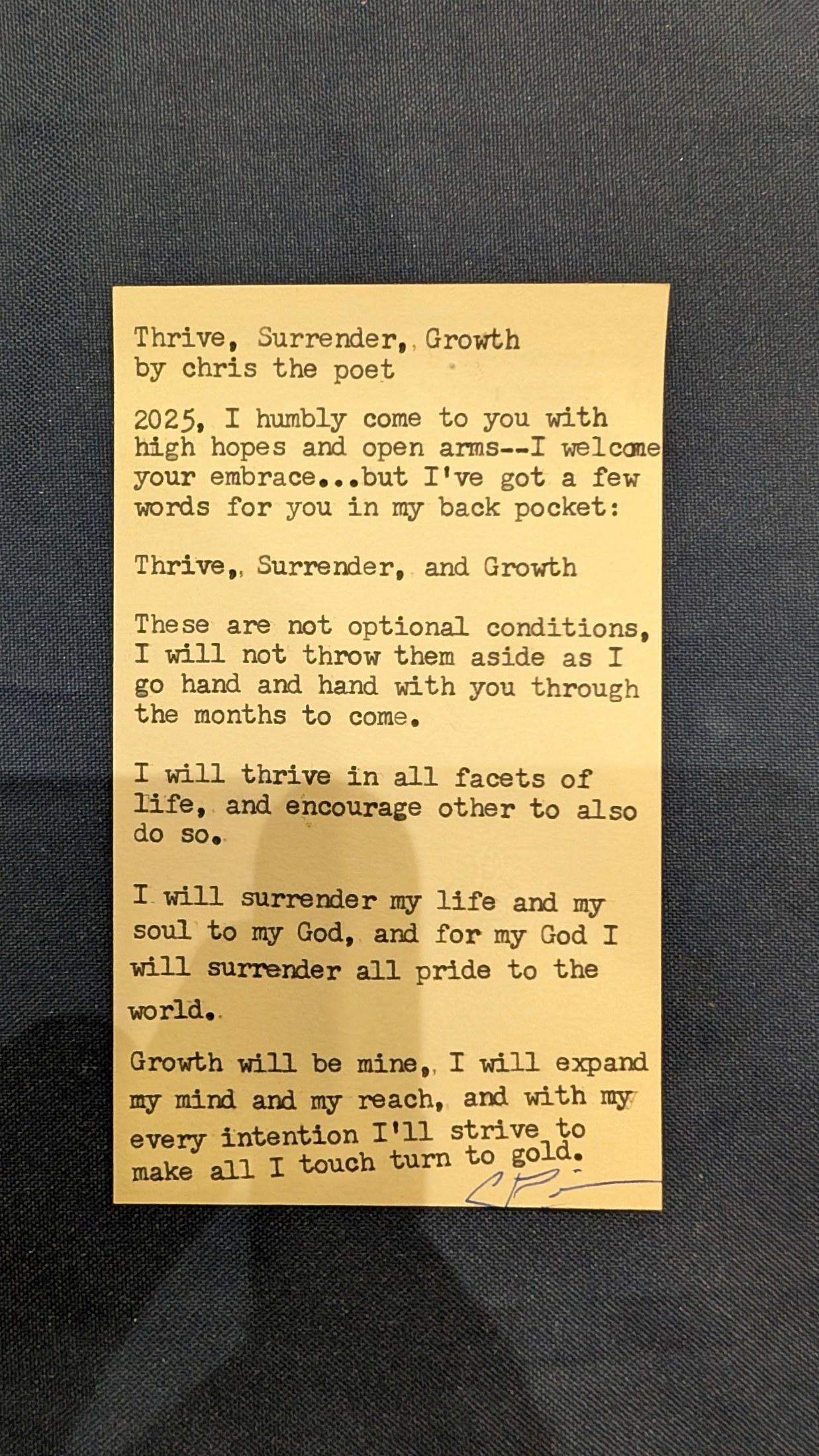 Original typewritten poem Thrive, Surrender, Growth by Chris the Poet