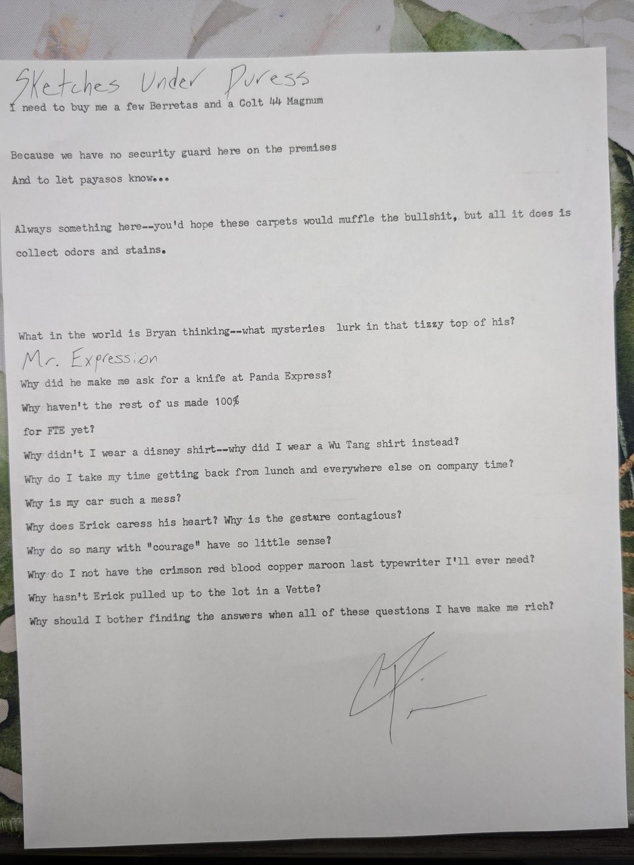 Original typewritten poem Sketches Under Duress by Chris the Poet