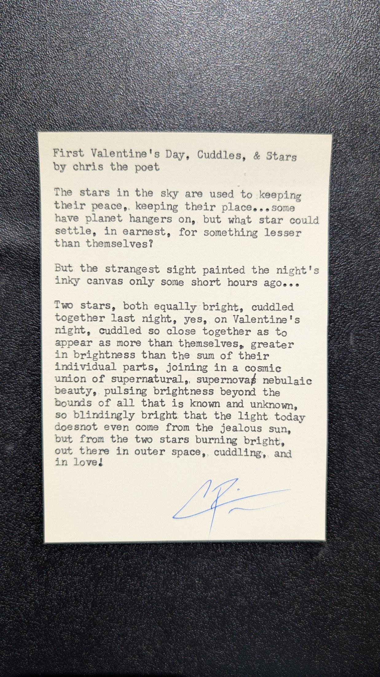 Original typewritten poem First Valentine's Day, Cuddles, & Stars by Chris the Poet