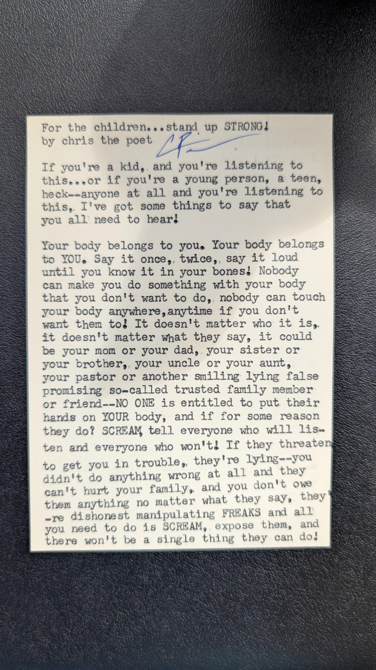 Original typewritten poem For the children...stand up STRONG! by Chris the Poet