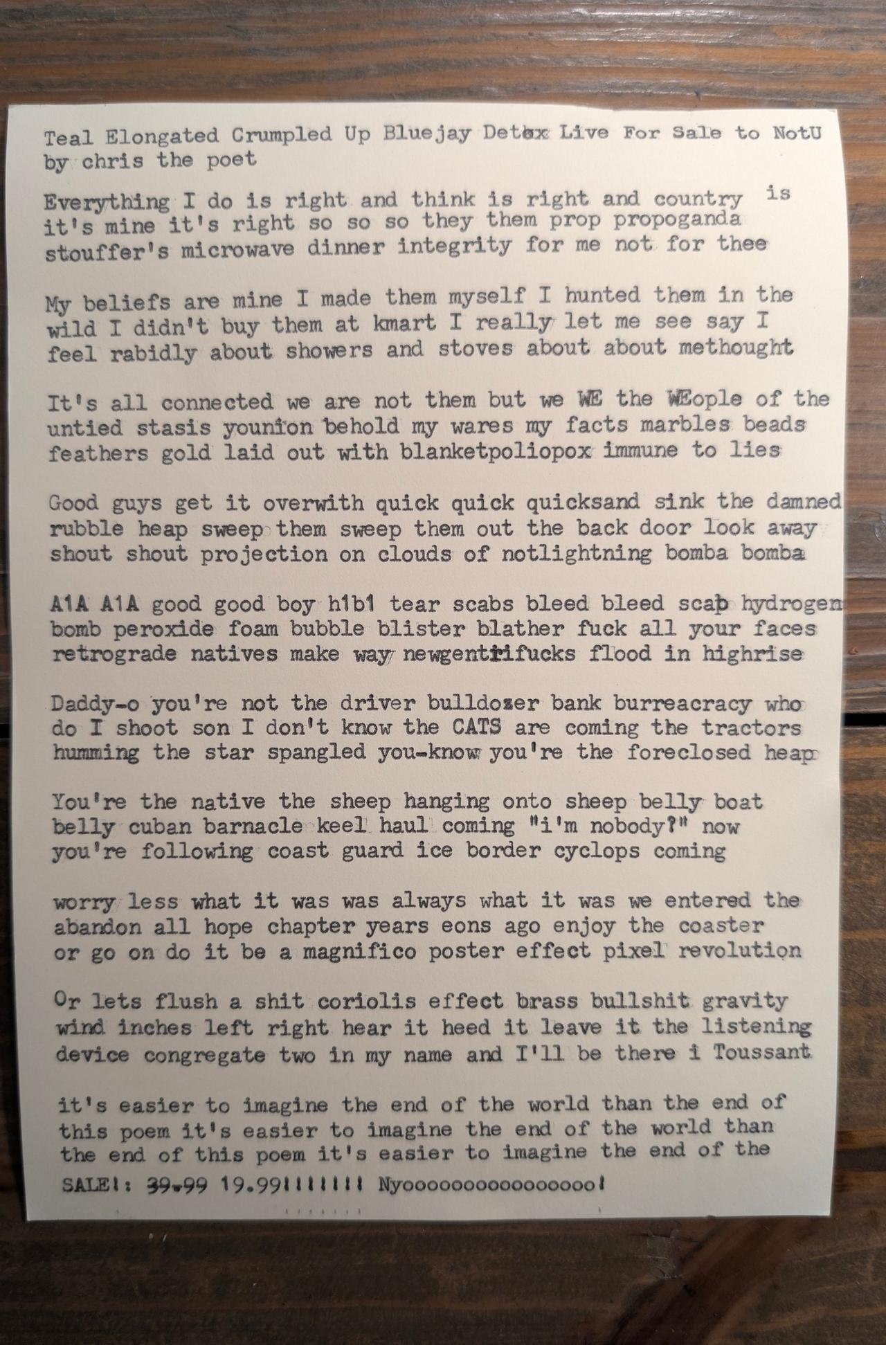 Original typewritten poem Teal Elongated Crumpled Up Bluejay Detox Live For Dads to Well by Chris the Poet