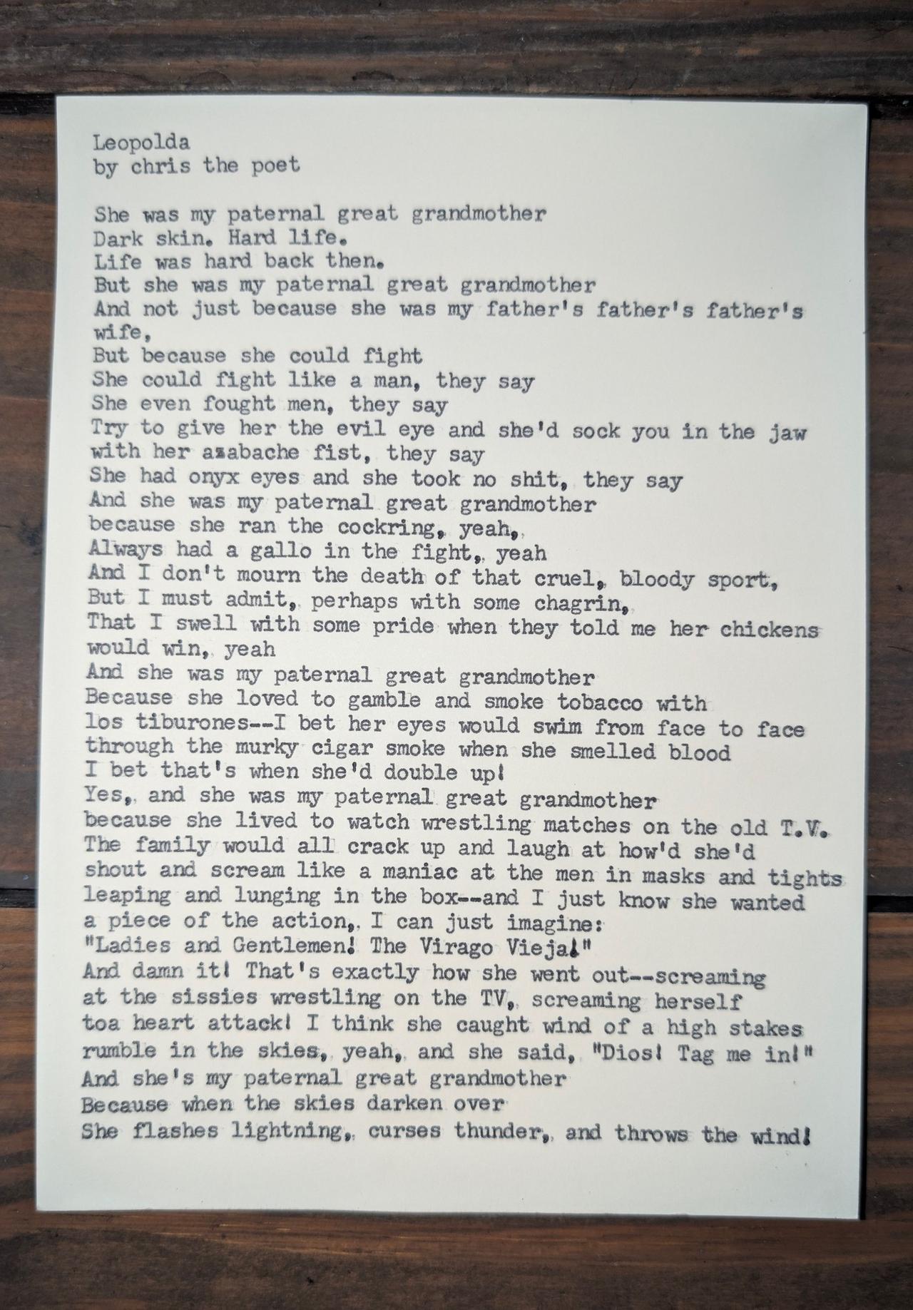Original typewritten poem Leopolda by Chris the Poet