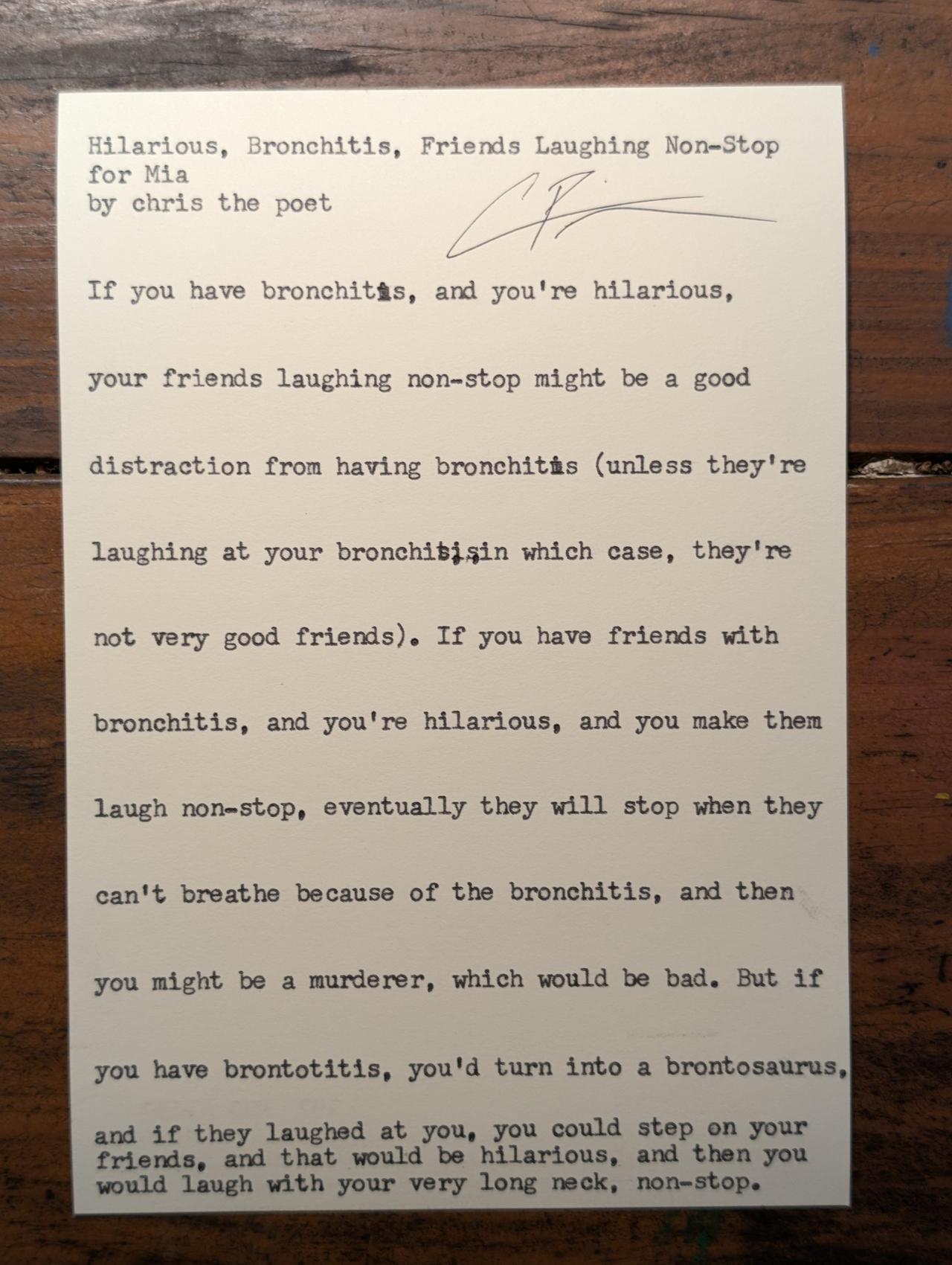 Original typewritten poem Hilarious, Bronchitis, Friends Laughing Non-Stop for Mia by Chris the Poet