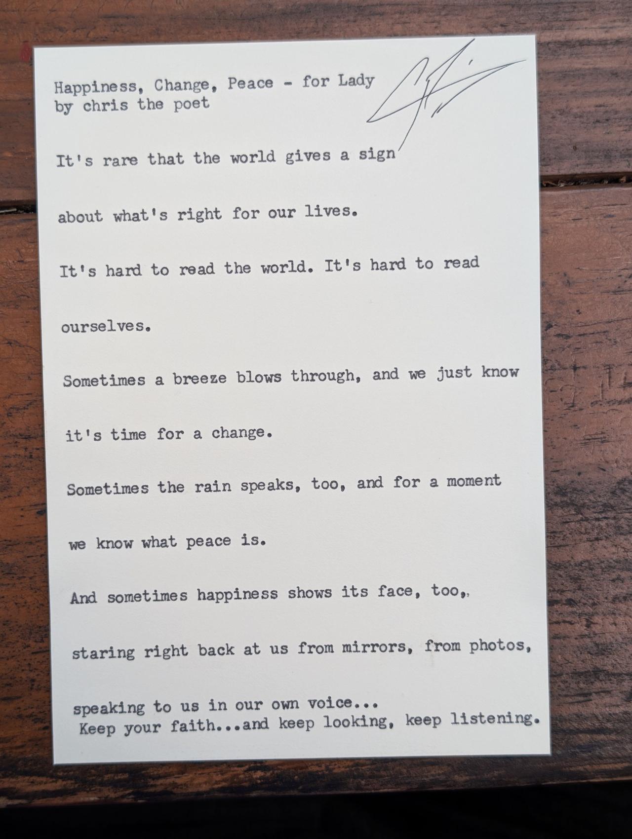 Original typewritten poem Happiness, Change, Peace - for Lady by Chris the Poet
