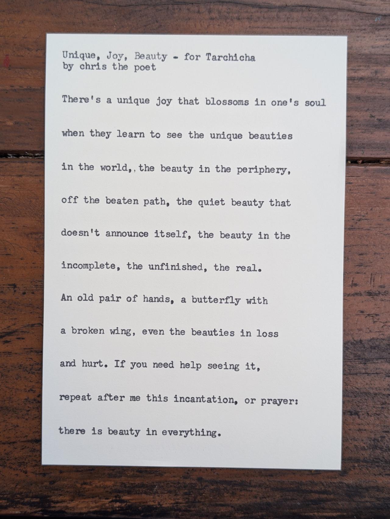 Original typewritten poem Unique, Joy, Beauty - for Tarchicha by Chris the Poet