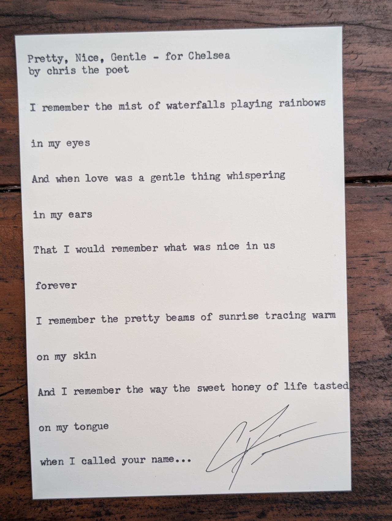 Original typewritten poem Pretty, Nice, Gentle - for Chelsea by Chris the Poet
