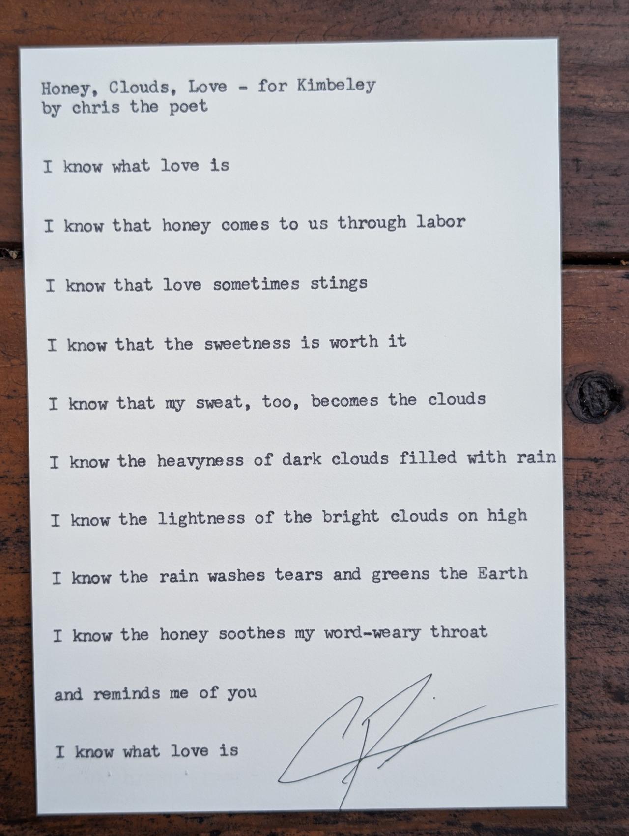 Original typewritten poem Honey, Clouds, Love - for Kimberley by Chris the Poet