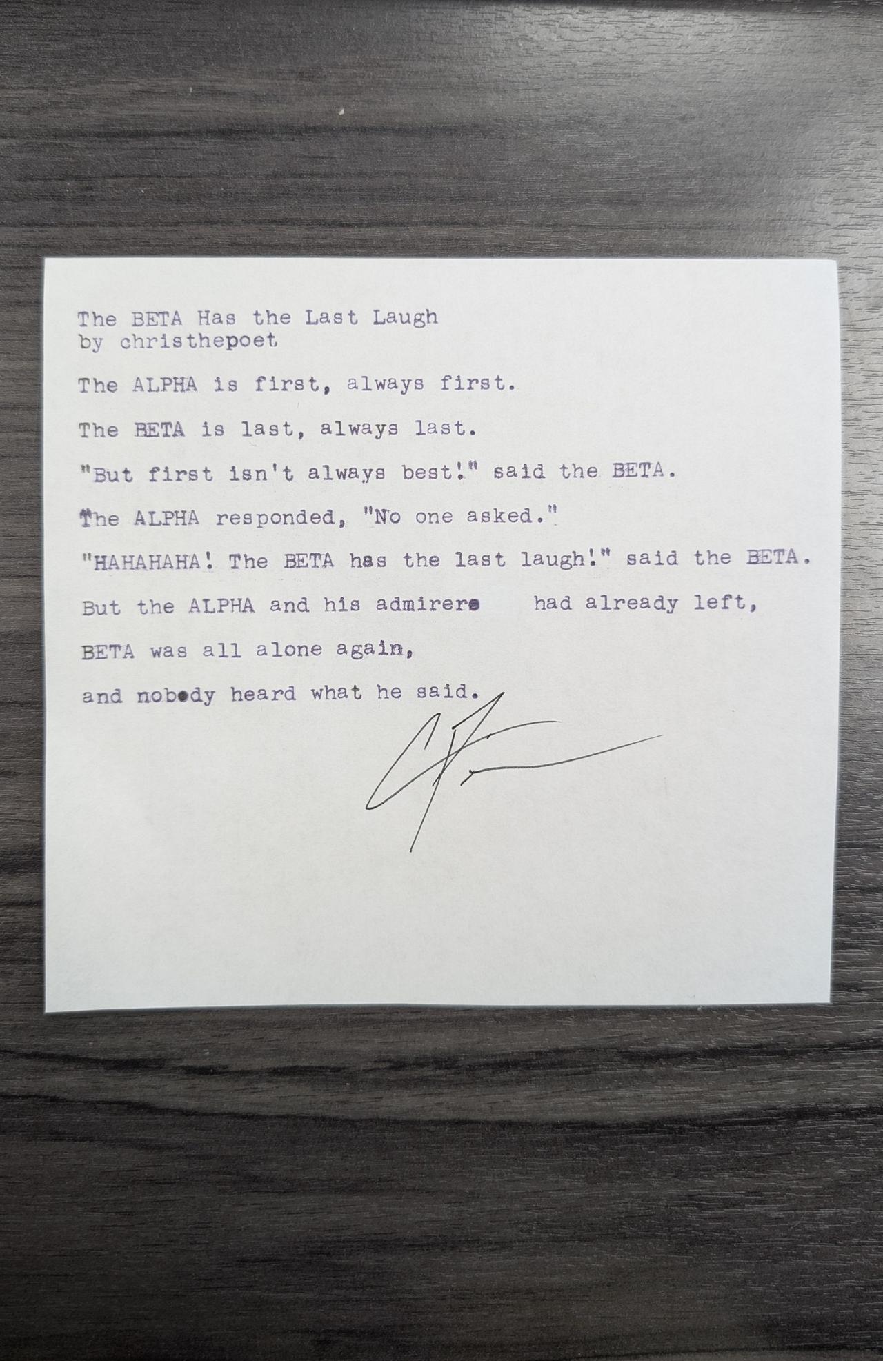 Original typewritten poem The BETA Has the Last Laugh by Chris the Poet