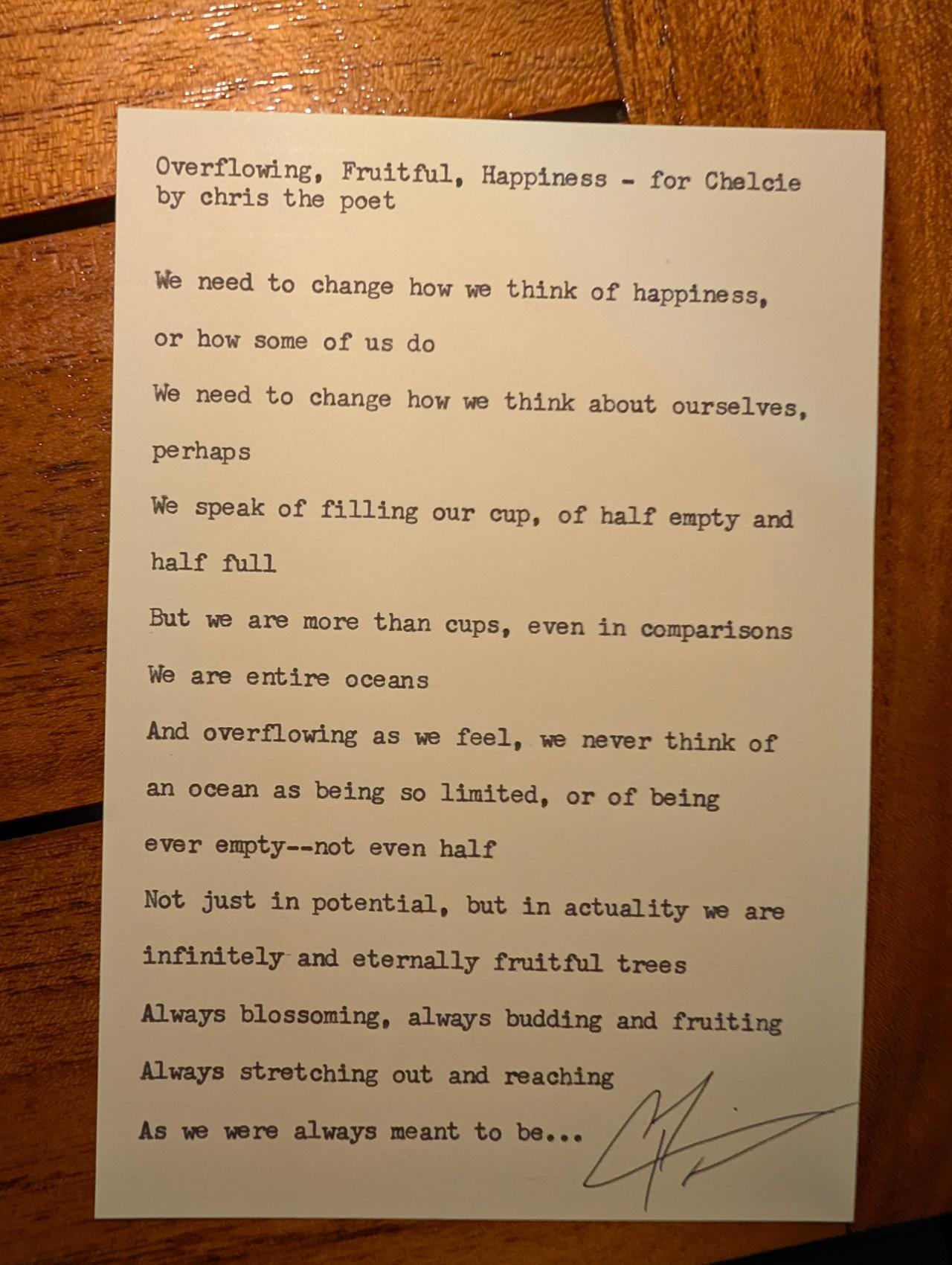 Original typewritten poem Overflowing, Fruitful, Happiness - for Chelsie by Chris the Poet