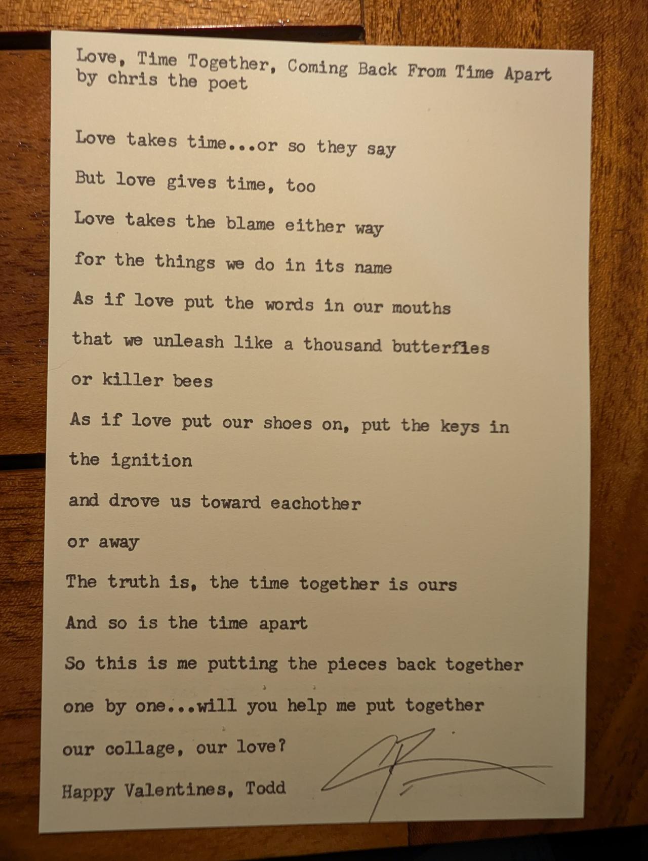 Original typewritten poem Love, Time Together, Coming Back From Time Apart by Chris the Poet