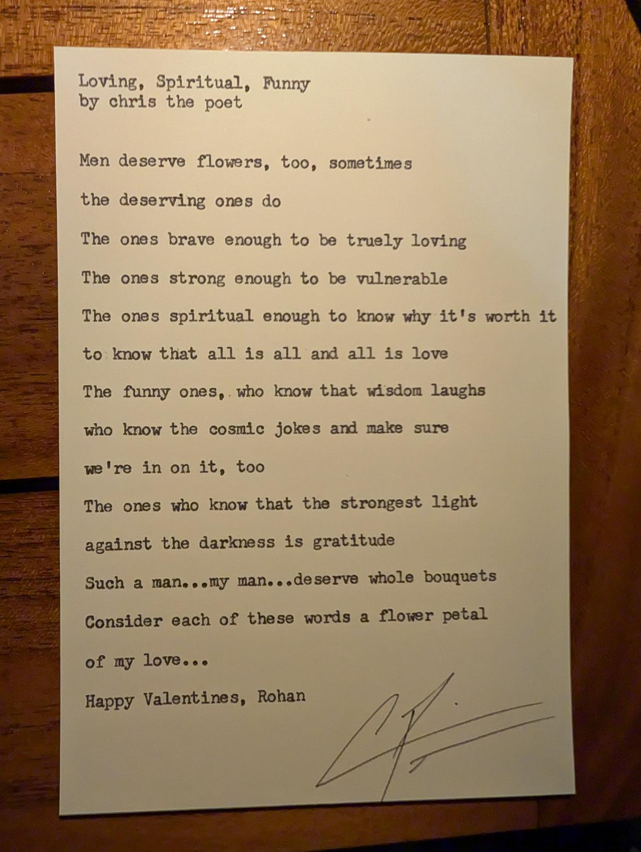 Original typewritten poem Loving, Spiritual, Funny by Chris the Poet