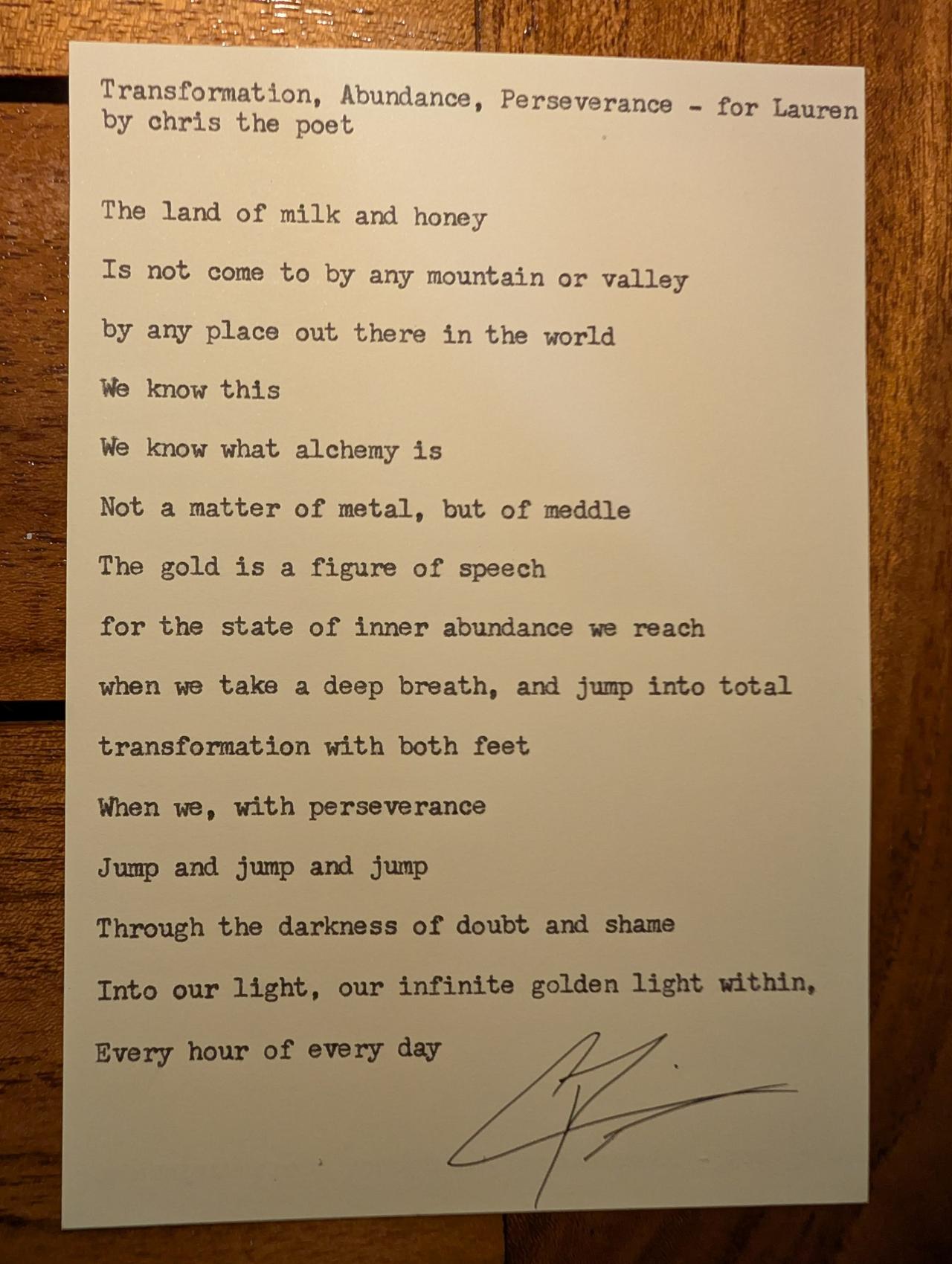 Original typewritten poem Transformation, Abundance, Perseverance - for Lauren by Chris the Poet