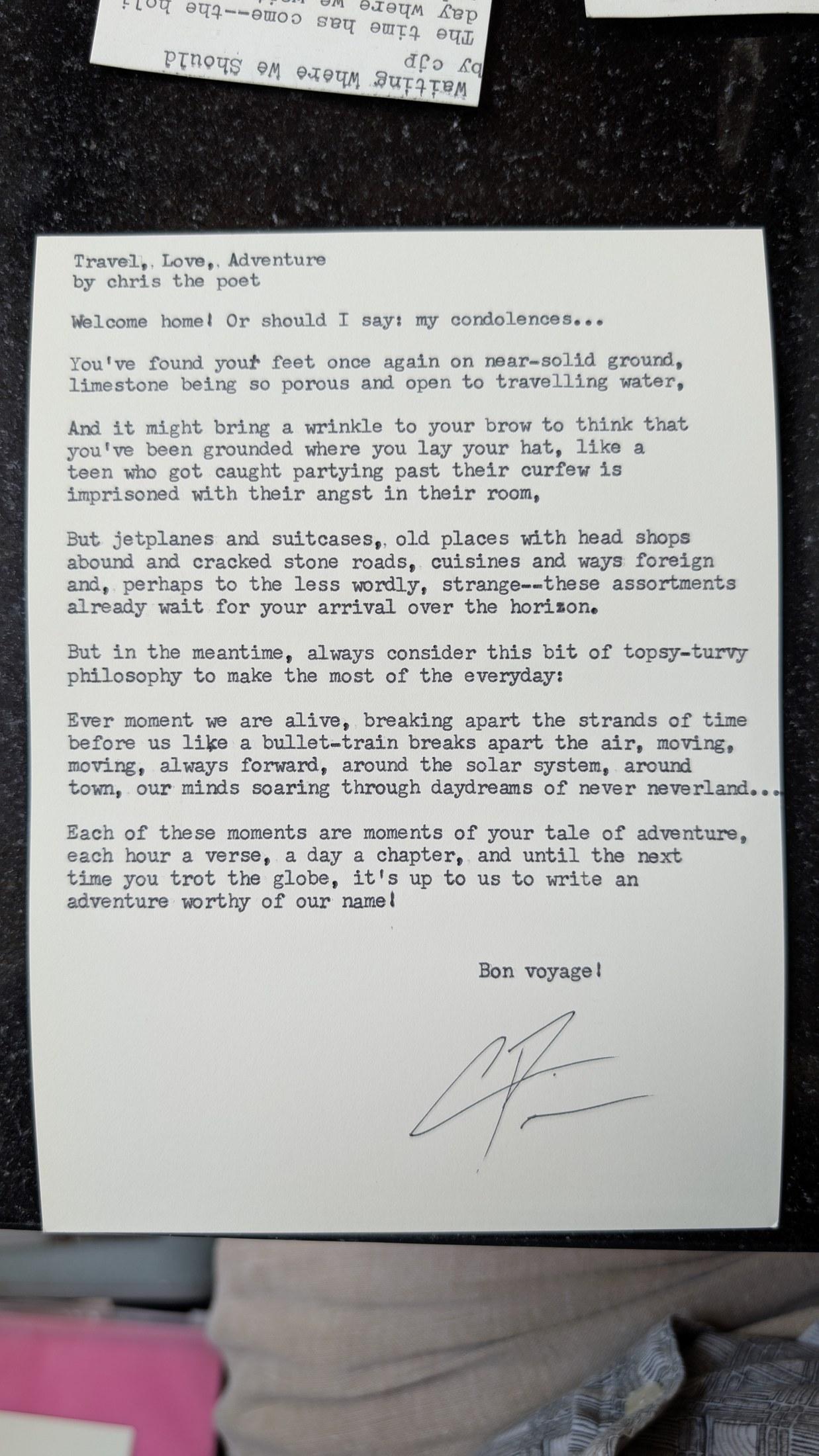 Original typewritten poem Travel, Love, Adventure by Chris the Poet