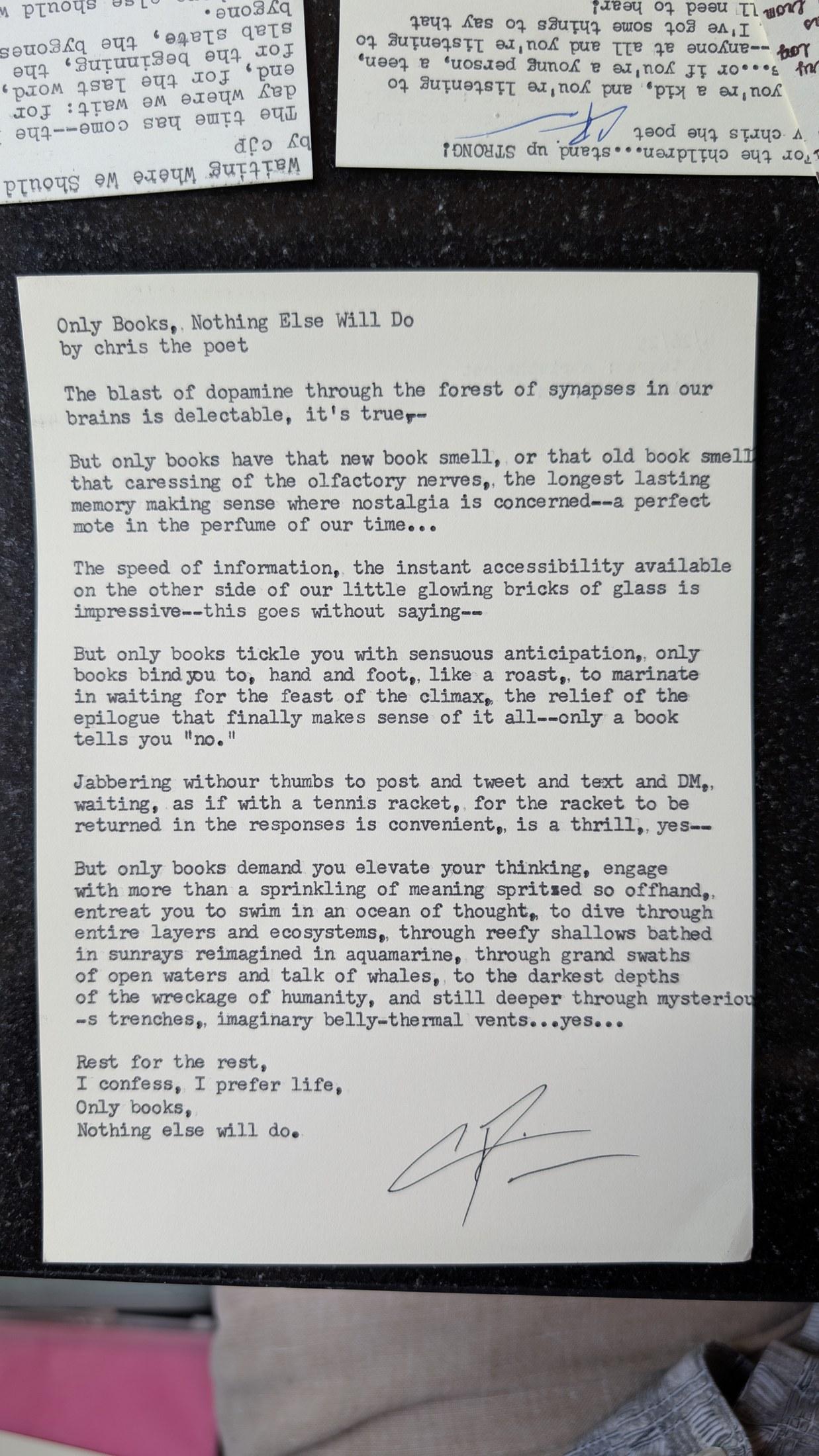 Original typewritten poem Only Books, Nothing Else Will Do by Chris the Poet
