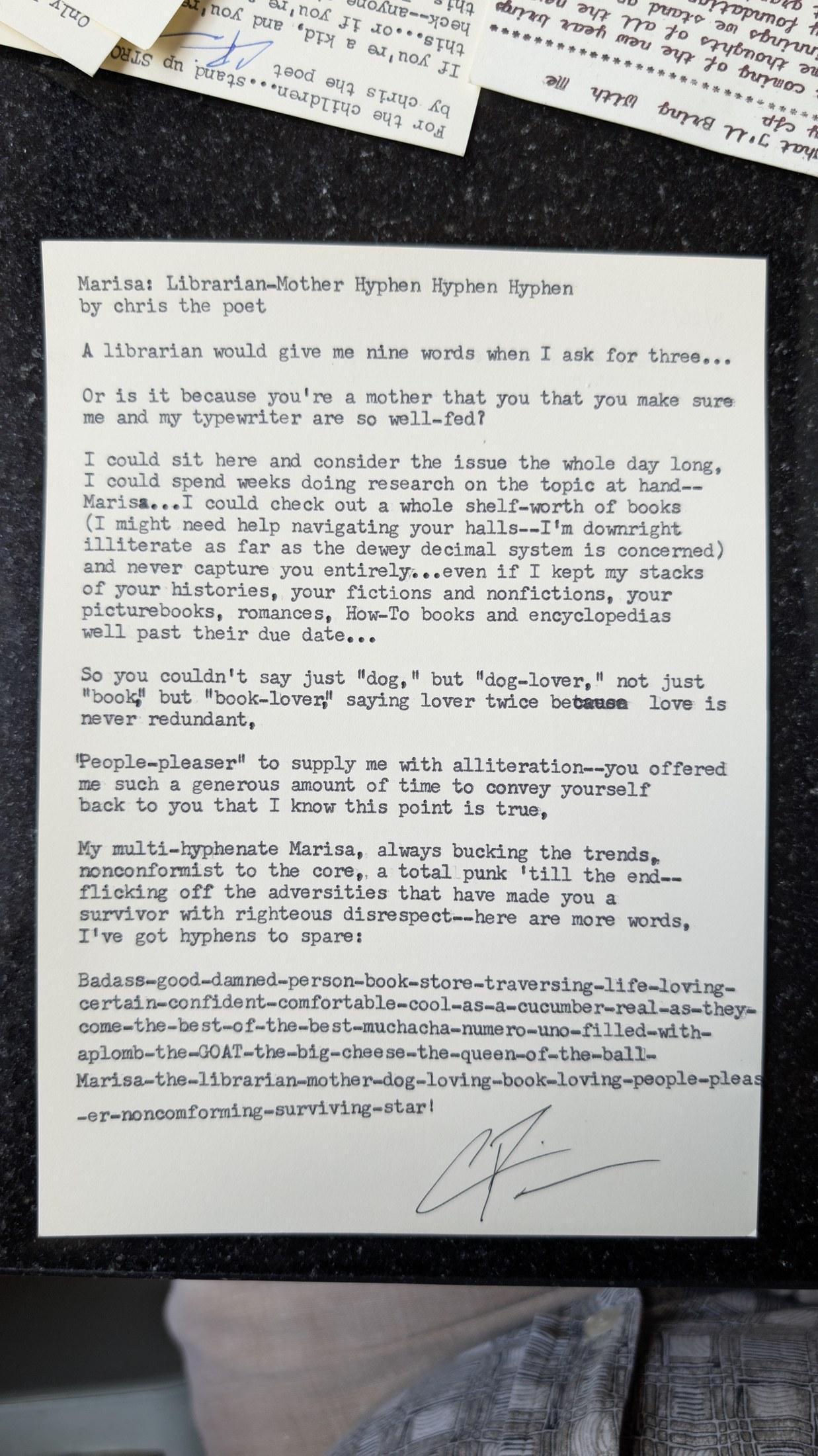 Original typewritten poem Marisa: Librarian-Mother Hyphen Hyphen Hyphen by Chris the Poet