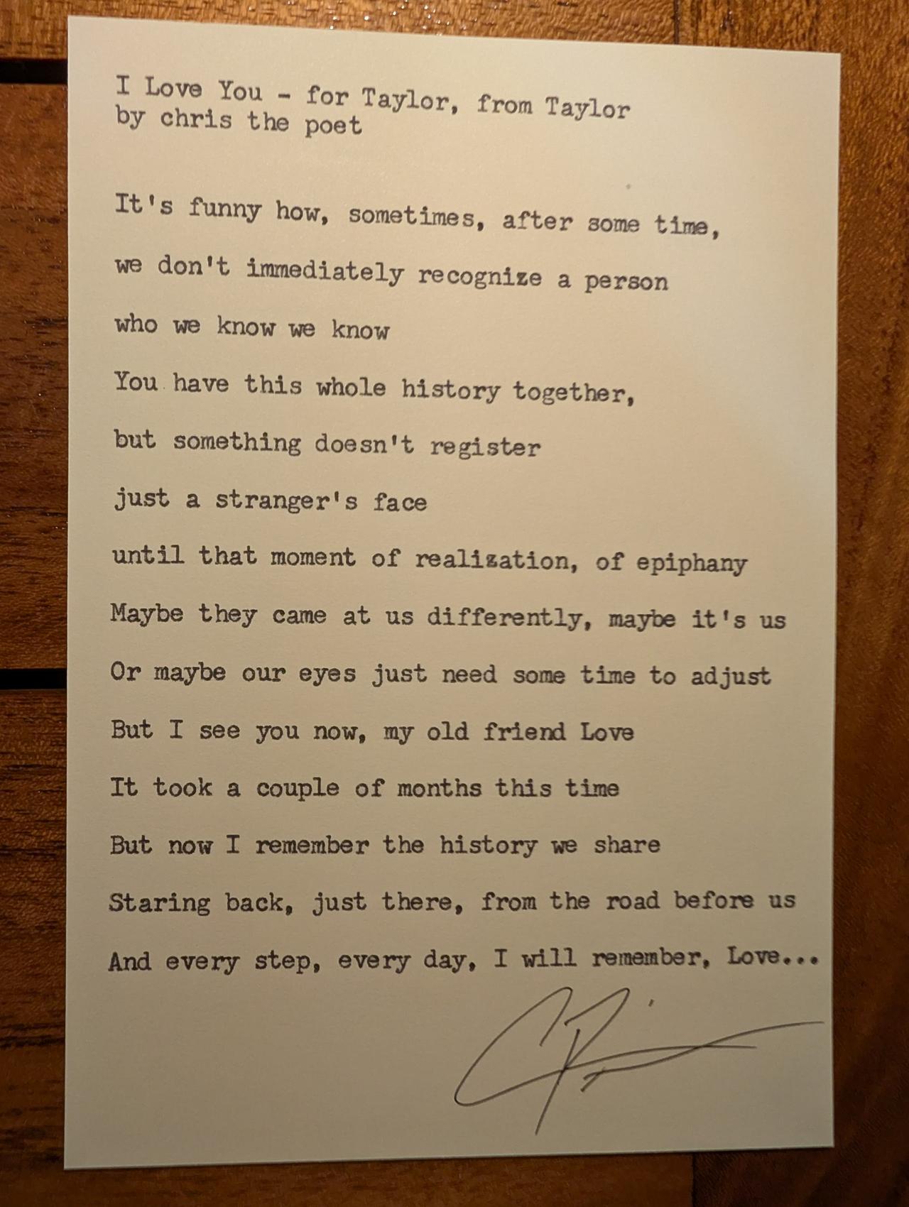 Original typewritten poem I Love You - for Taylor, from Taylor by Chris the Poet