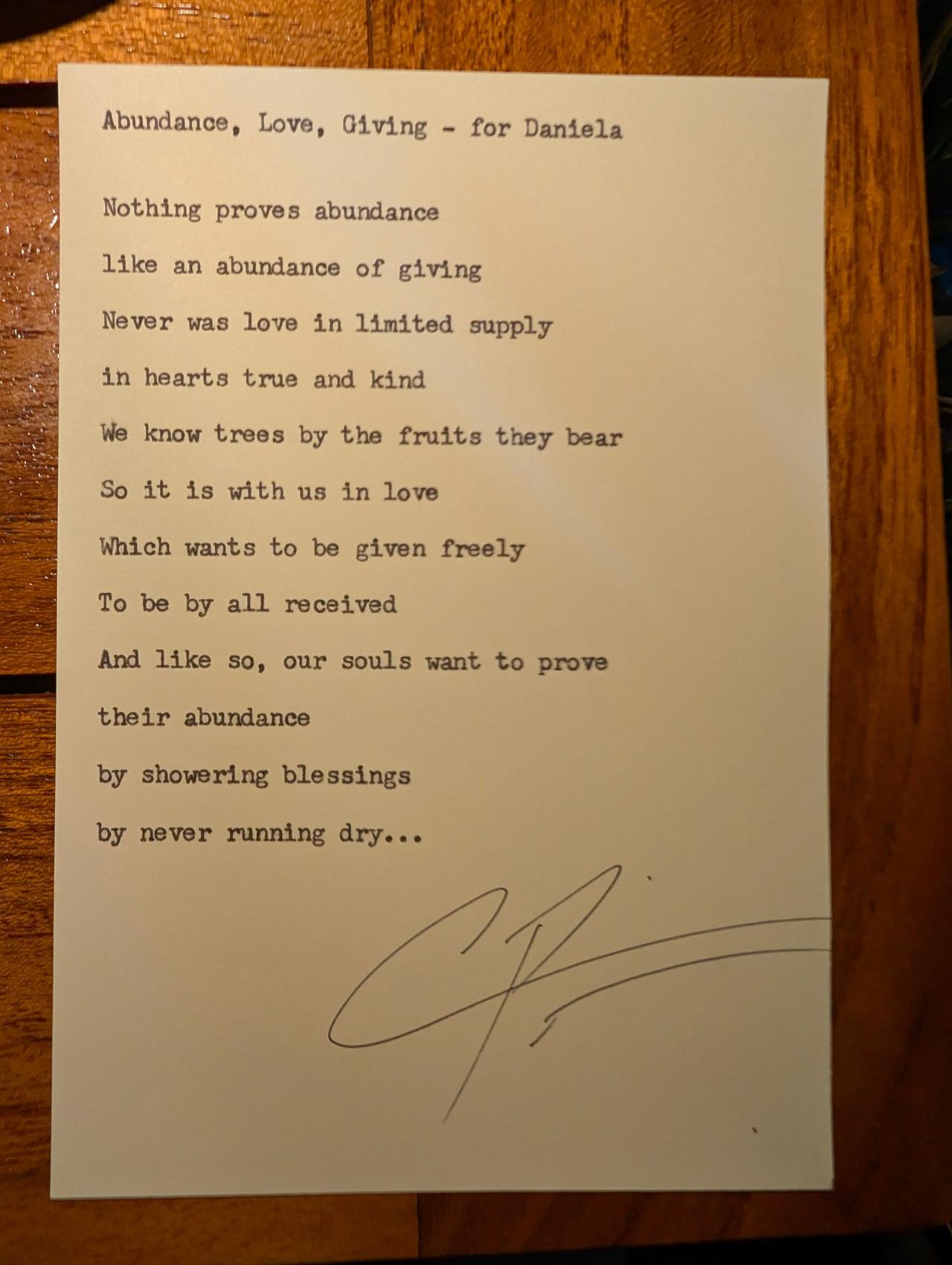Original typewritten poem Abundance, Love, Giving - for Daniela by Chris the Poet